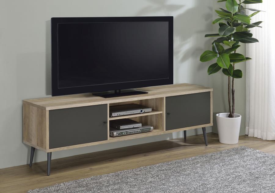 Meuble TV Allie 2 portes 70'' avec étagère de rangement, pin antique et gris, 701076