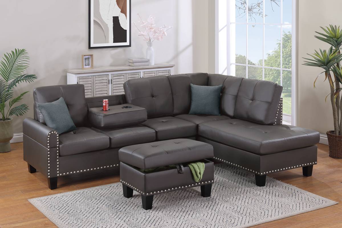 Canapé sectionnel Nassau 3 pièces avec pouf de rangement - Espresso