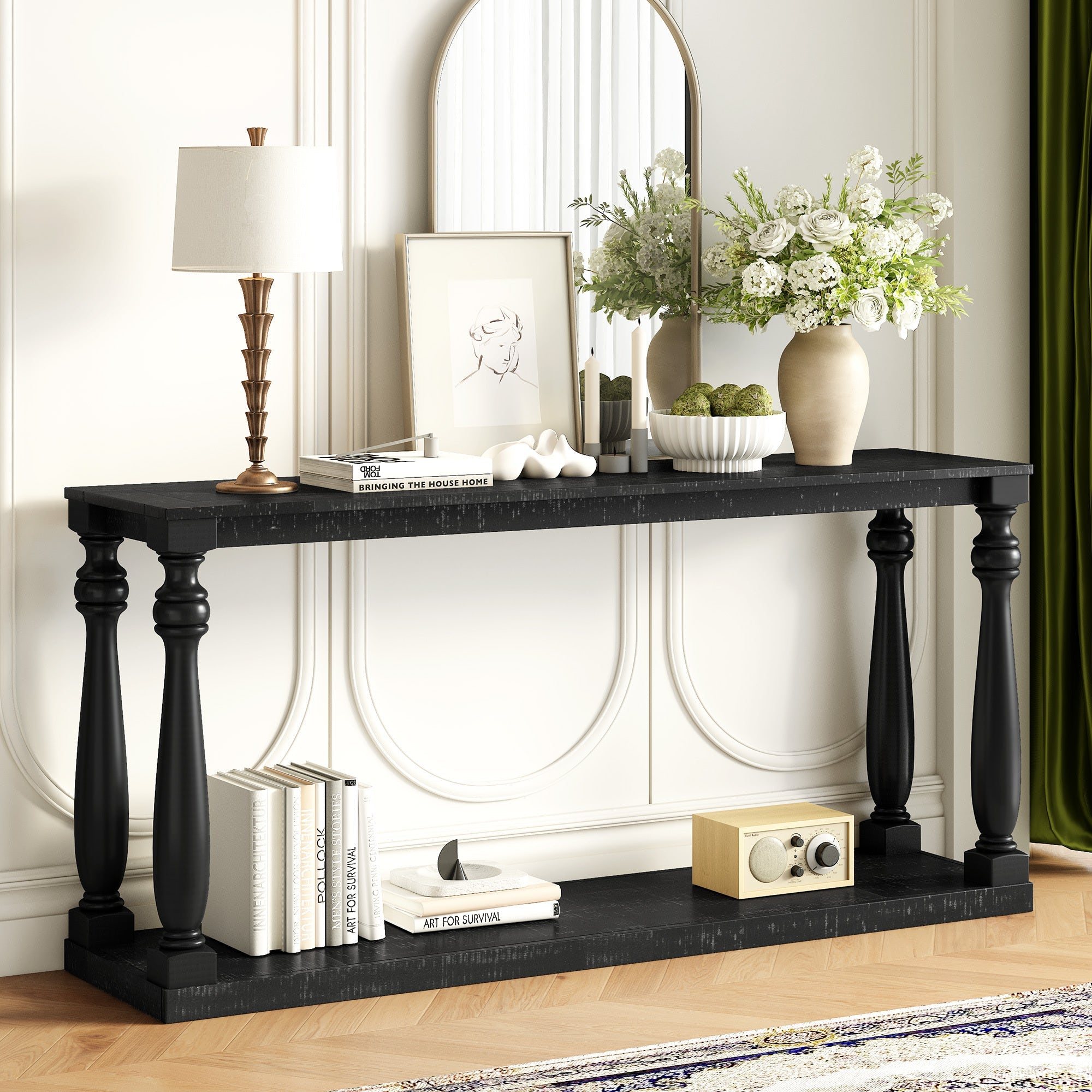 Farmhouse Turned-Leg Entryway Console Table with Bottom Shelf