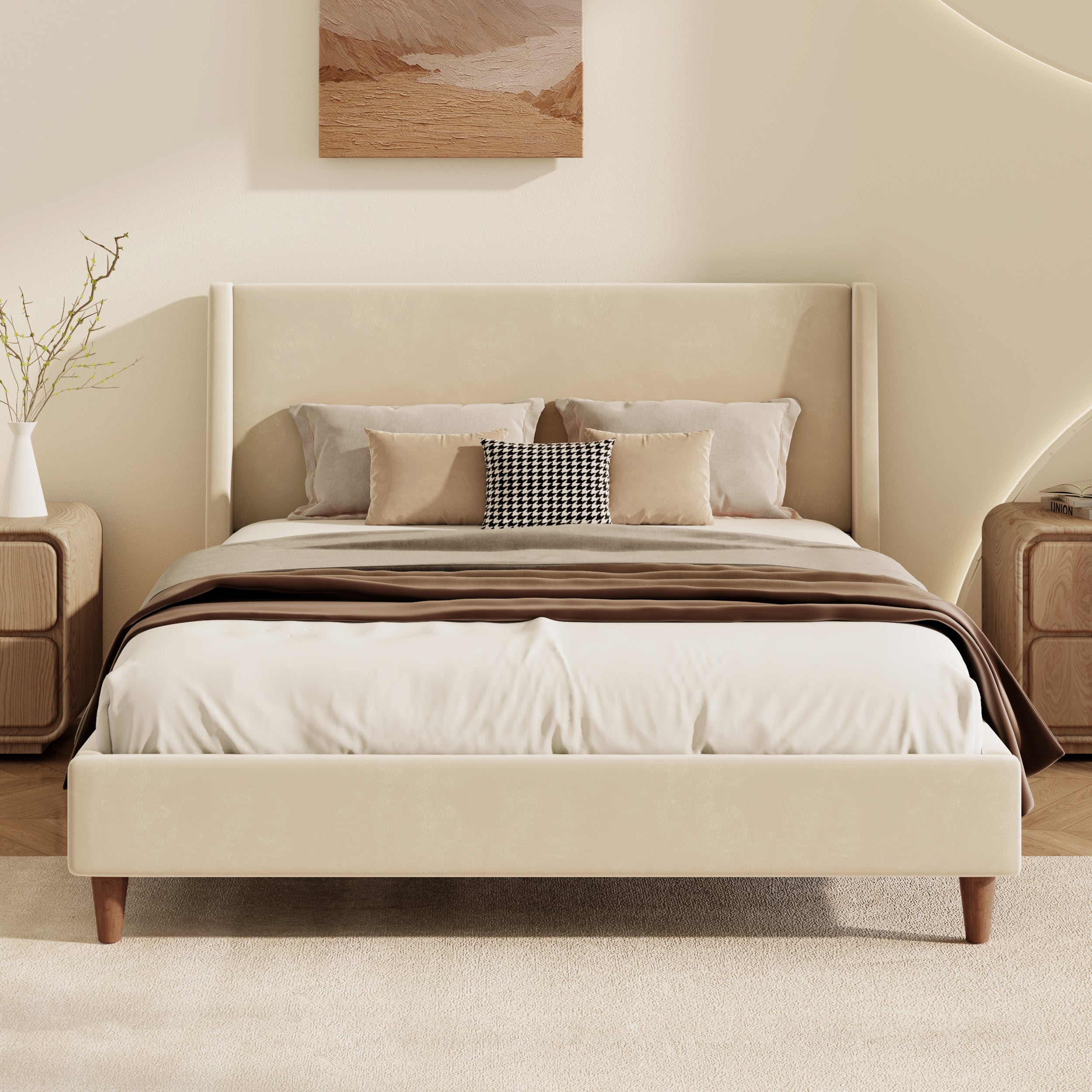 Wingback Velvet Upholstered Platform Bed
