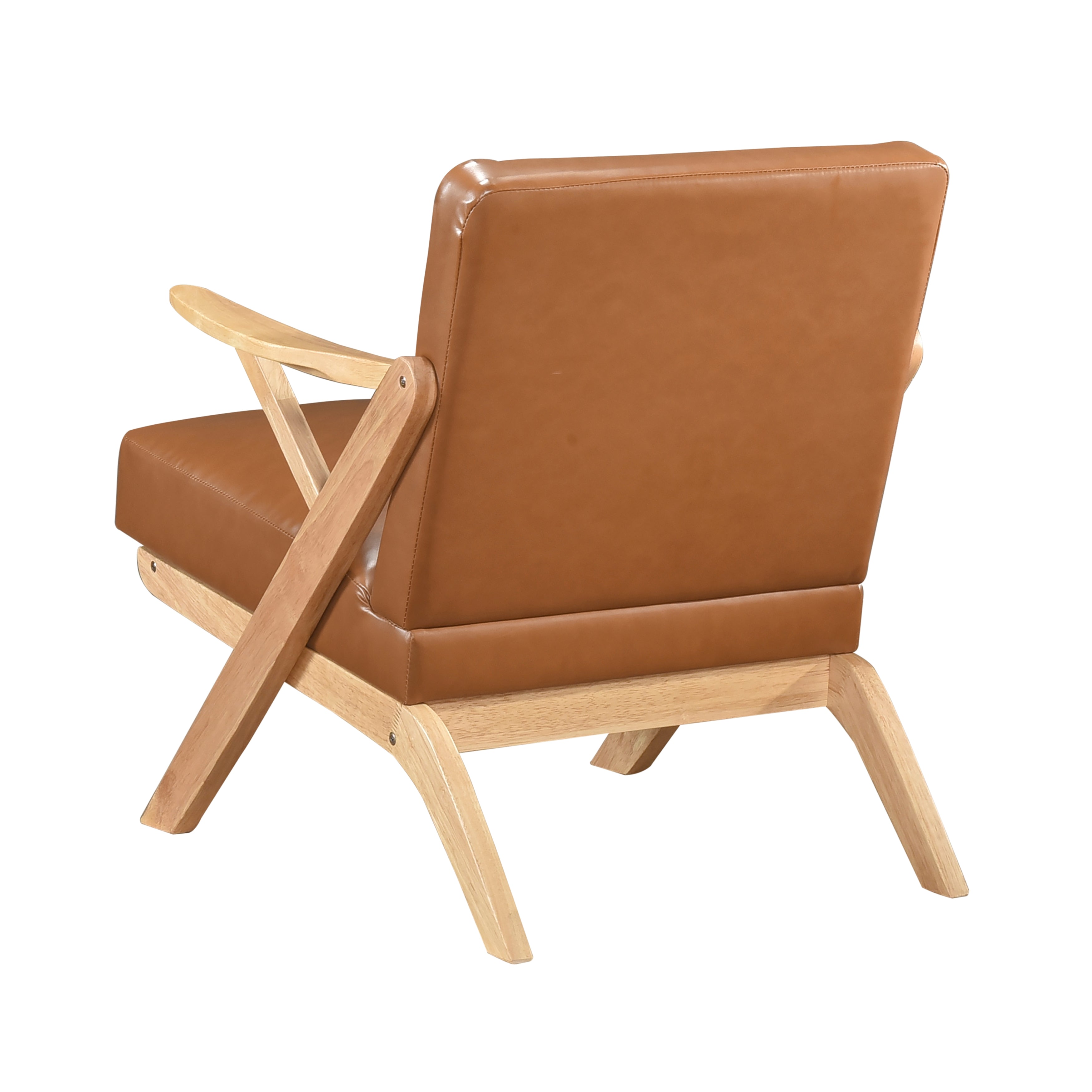 Solid Rubberwood Frame Accent Chair with Brown Faux Leather Upholstery