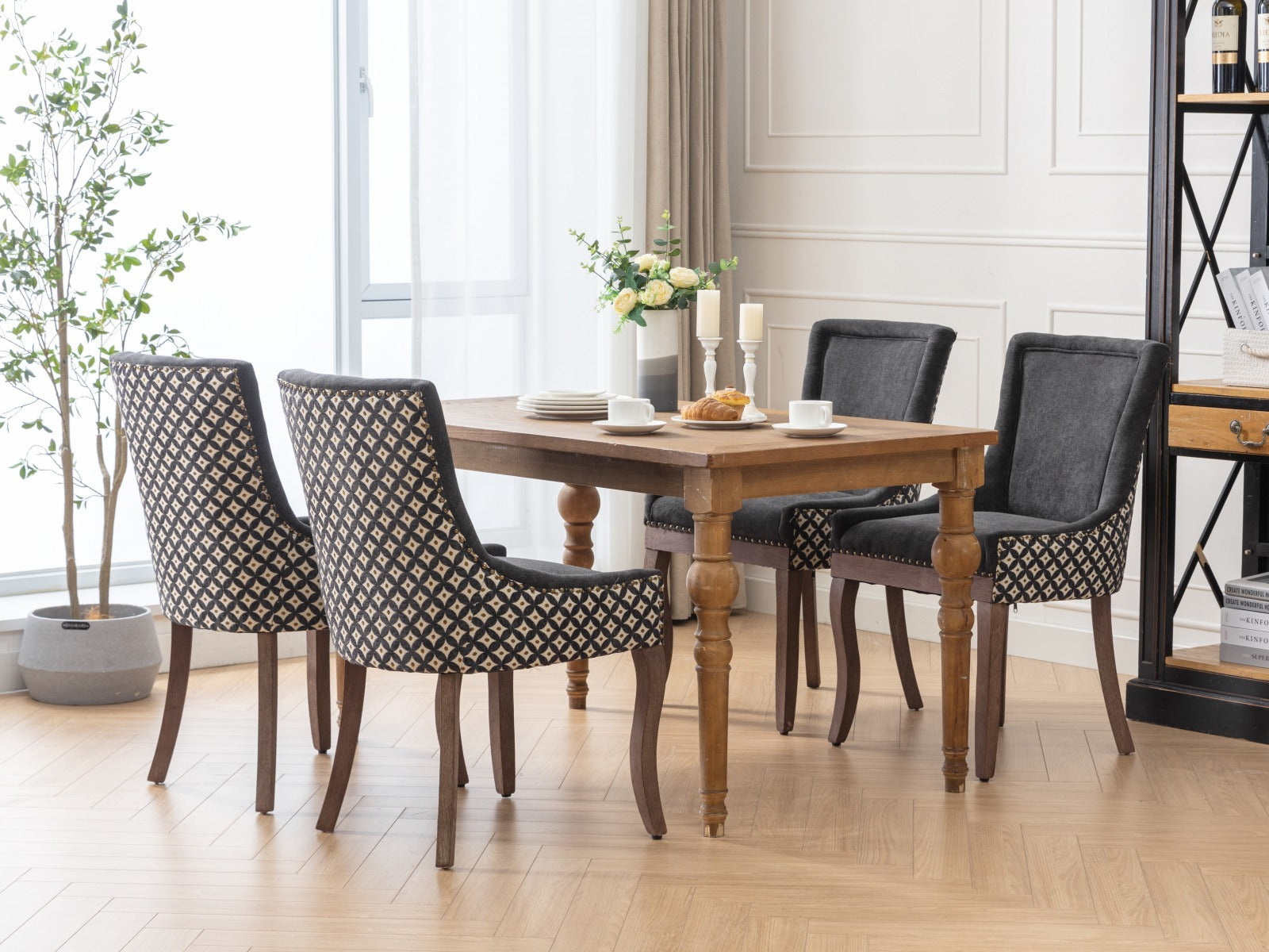 Square Patterned Back Upholstered Dining Chair with Bronze Nailhead Trim, Set of 2