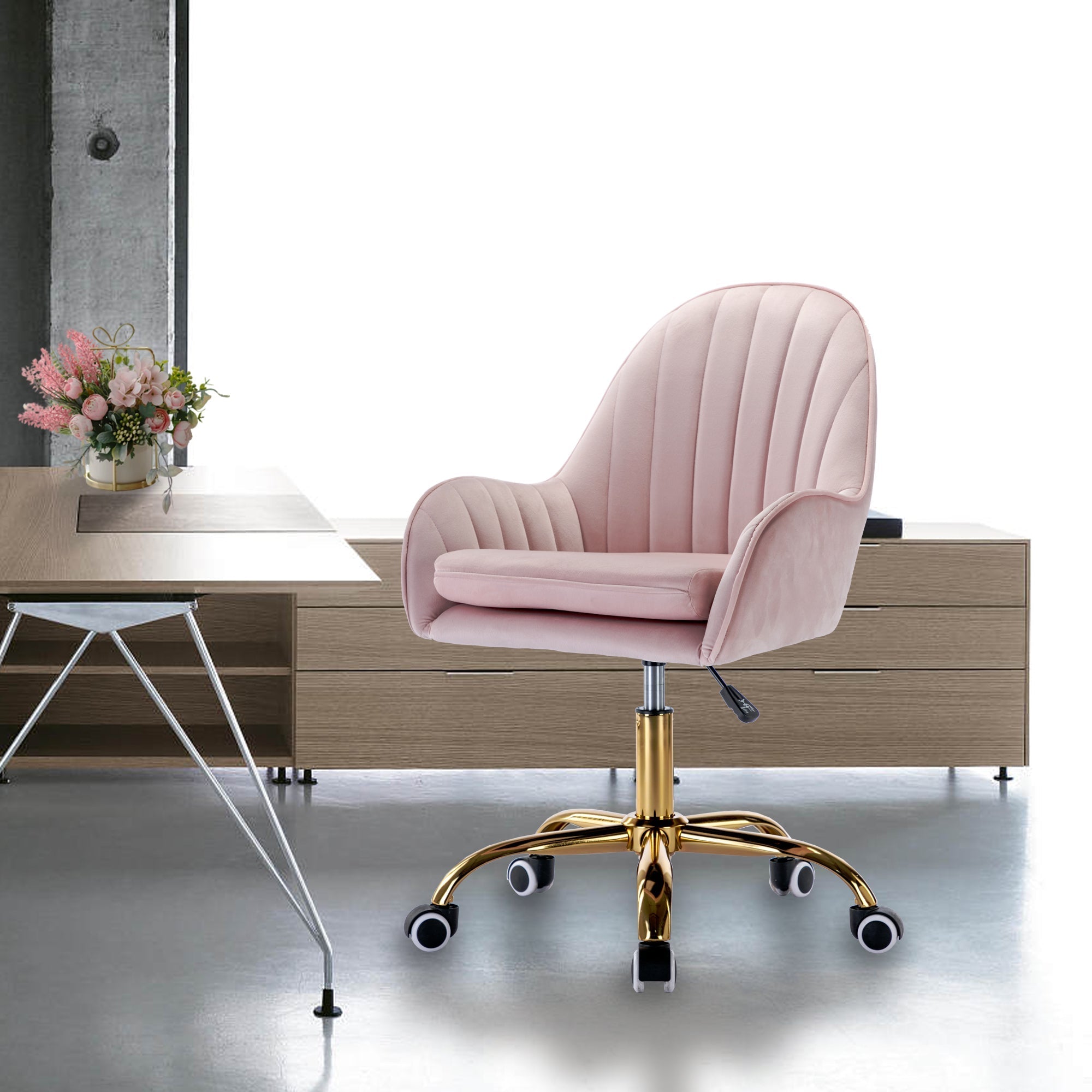 Velvet Home Office Chair with Wheels and Gold Metal Base