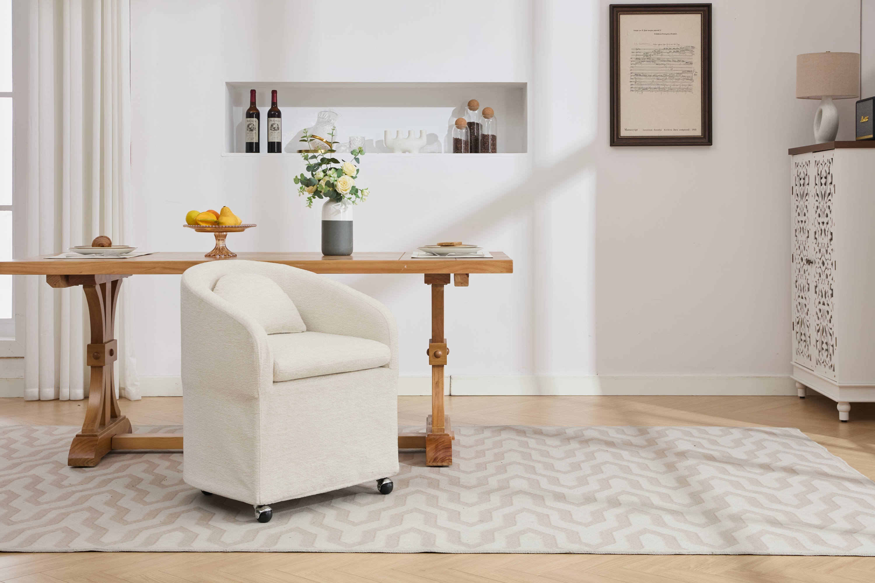 Cheswick Chenille Upholstered Dining Arm Chair With Back Cushion and Wheels