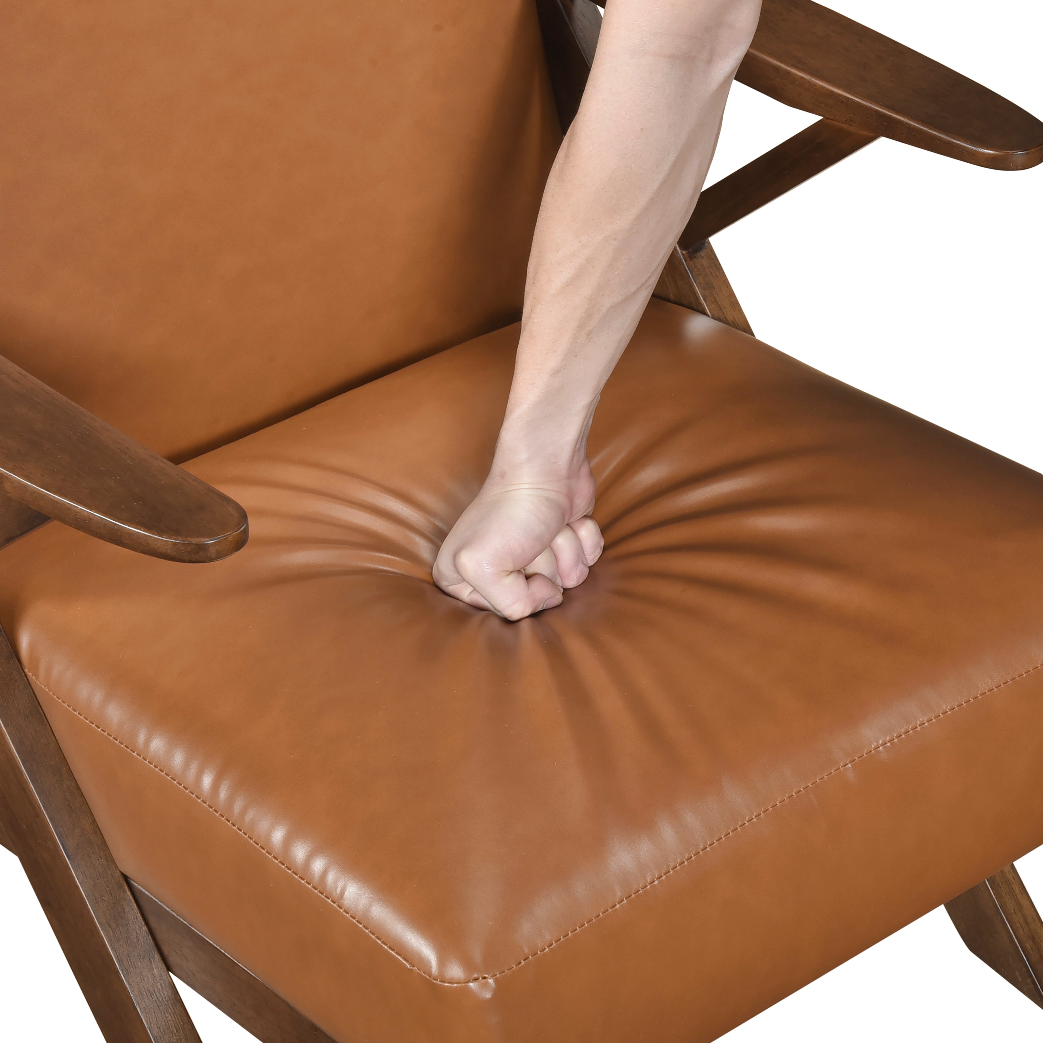 Solid Rubberwood Frame Accent Chair with Brown Faux Leather Upholstery