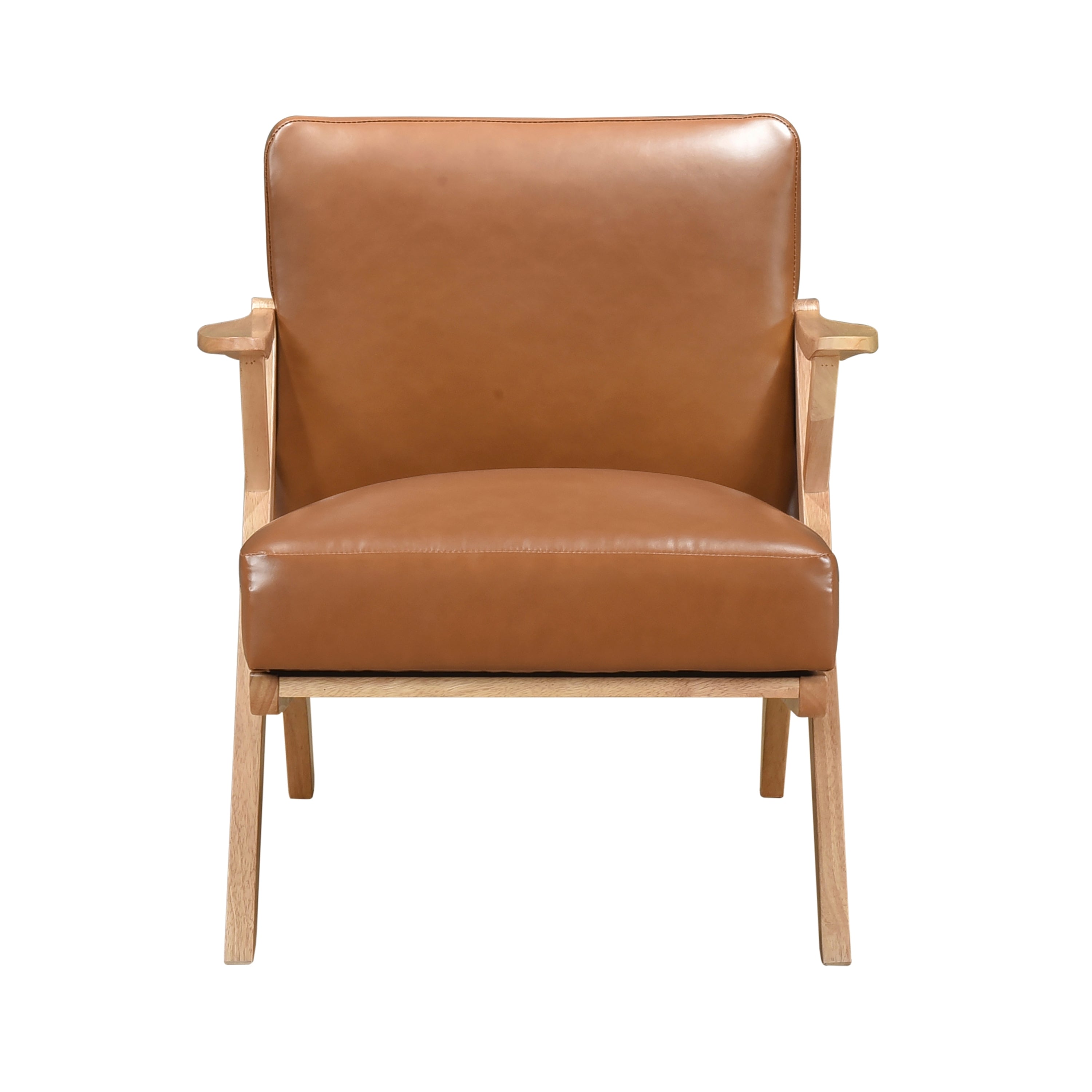 Solid Rubberwood Frame Accent Chair with Brown Faux Leather Upholstery