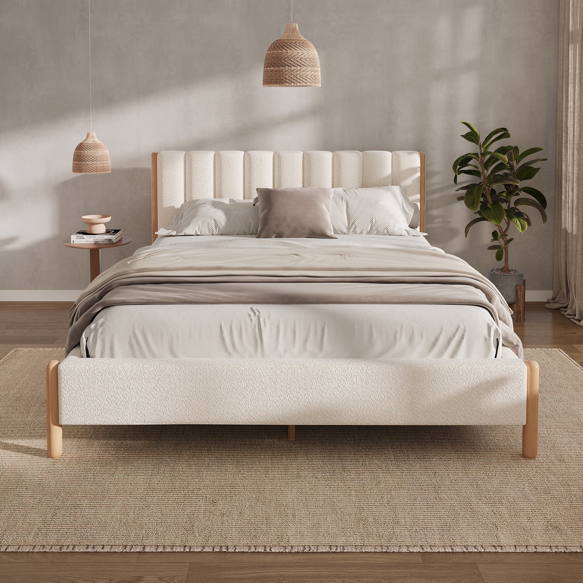 Boucle Upholstered Headboard Bed