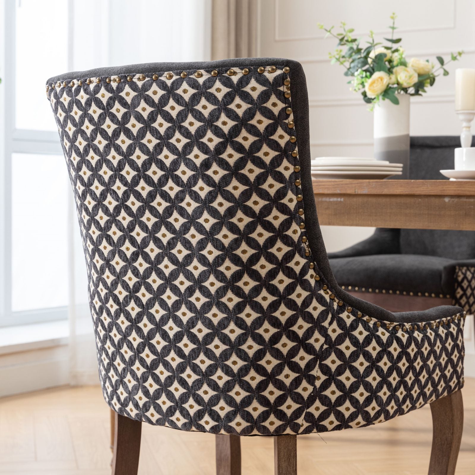 Square Patterned Back Upholstered Dining Chair with Bronze Nailhead Trim, Set of 2