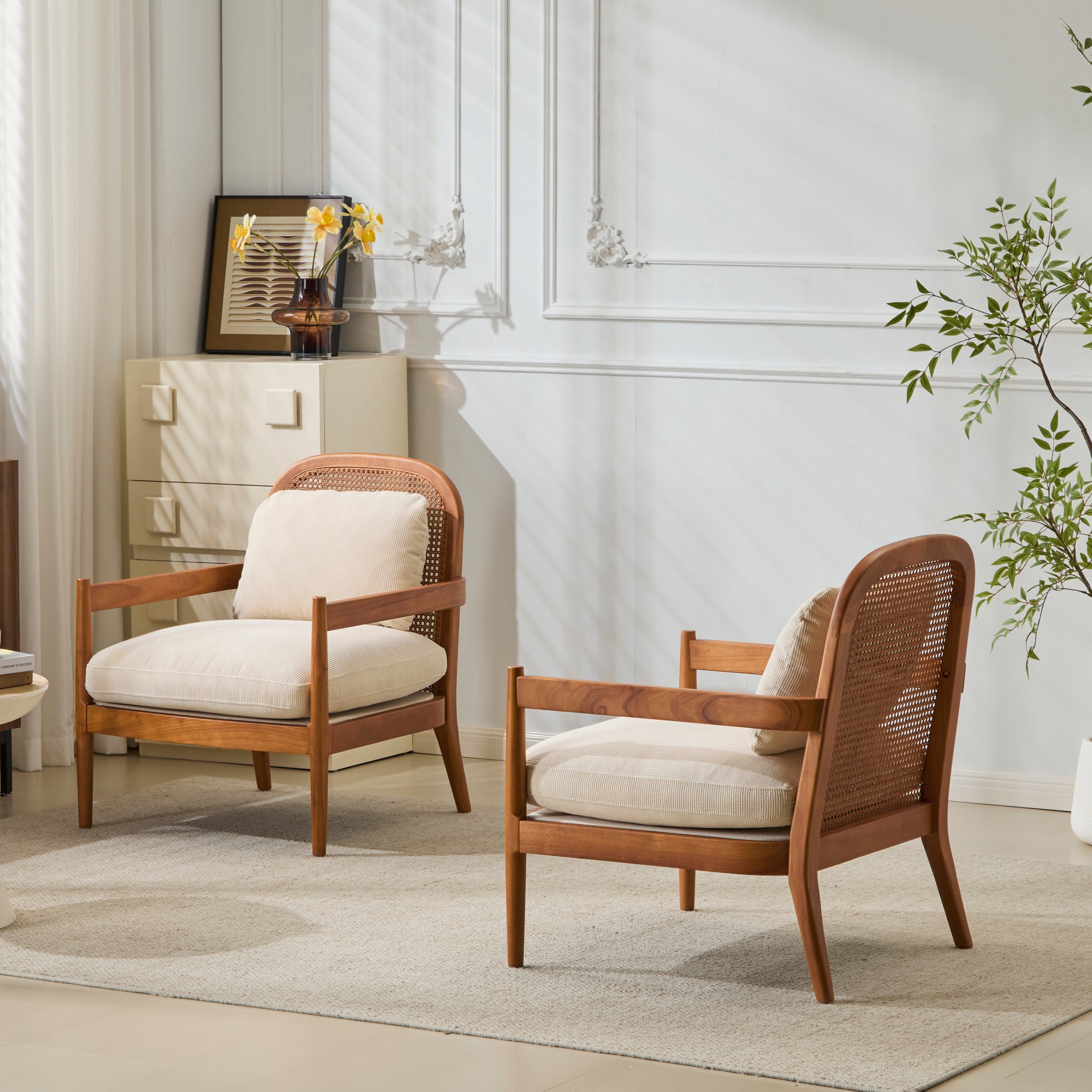 Elliston Rattan Backrest Solid Wood Accent Chair with Cushions, Set of 2