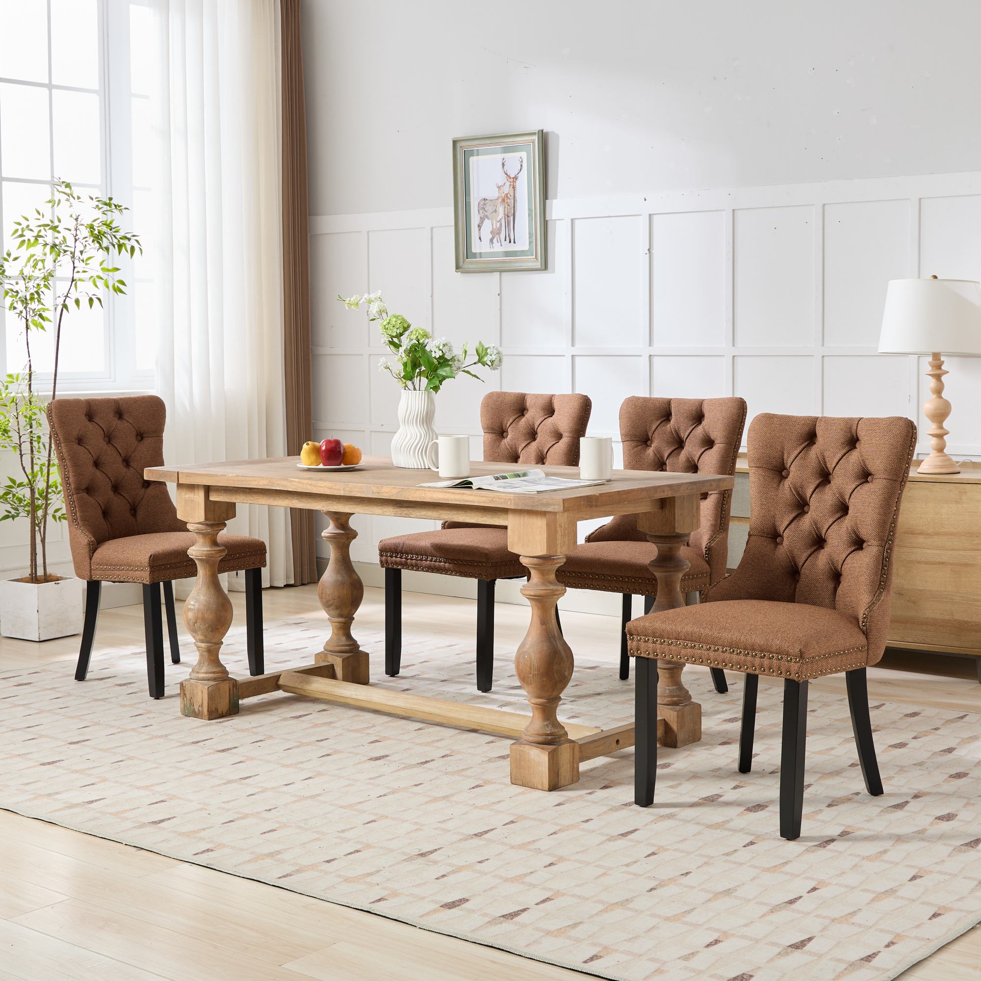 Rosewick Modern Tufted Linen Nailhead Trim Solid Wood Upholstered Dining Chair with Black Legs, Set of 2