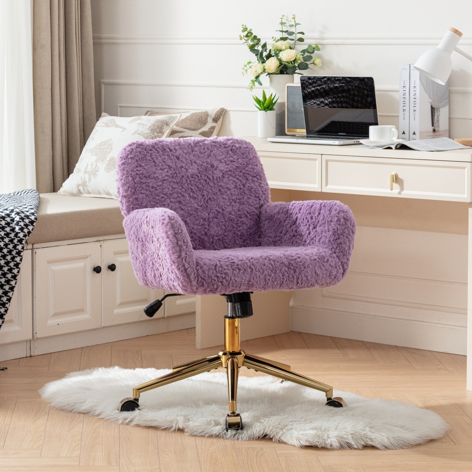 Faux Rabbit Hair Office Chair with Golden Metal Base, Adjustable Swivel
