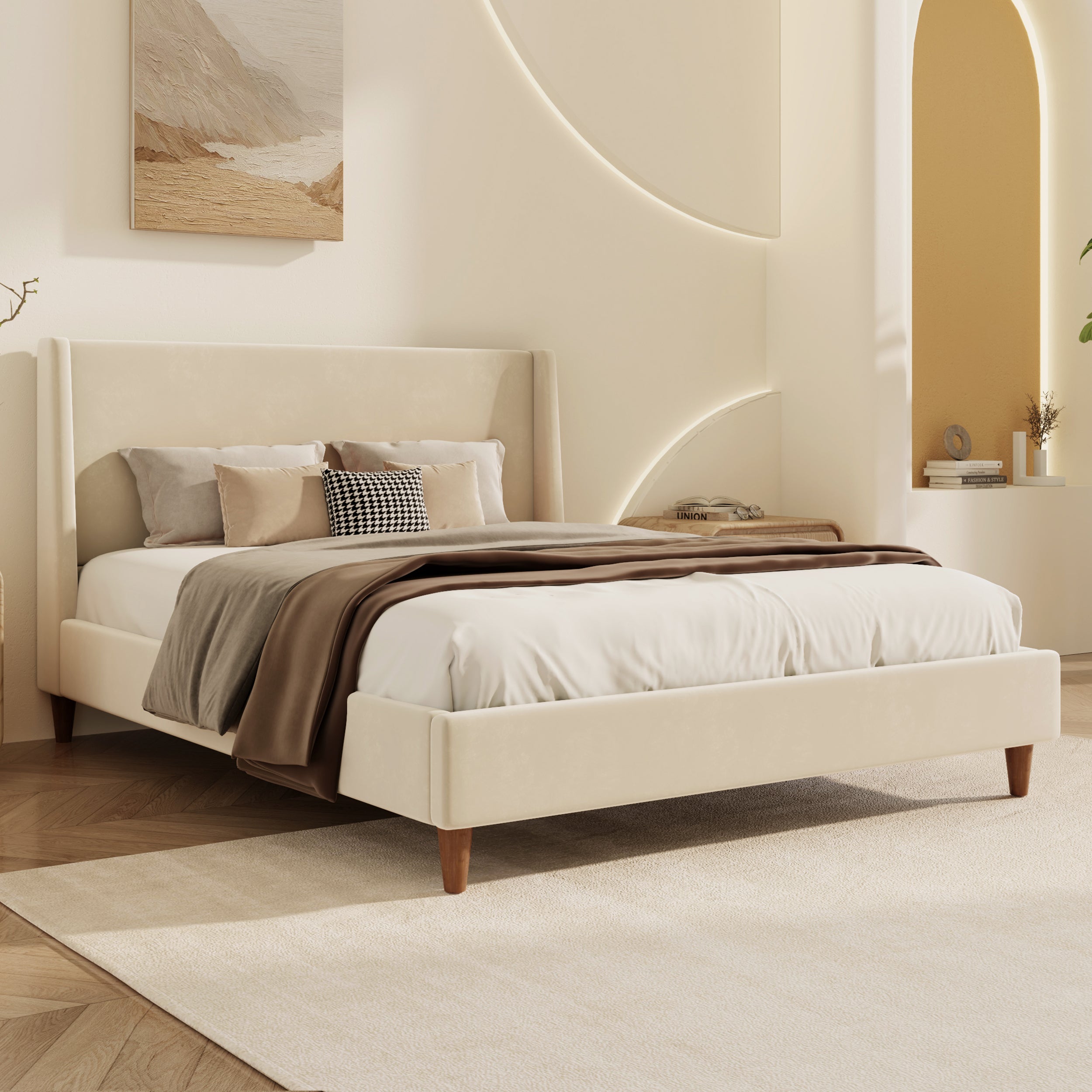 Wingback Velvet Upholstered Platform Bed