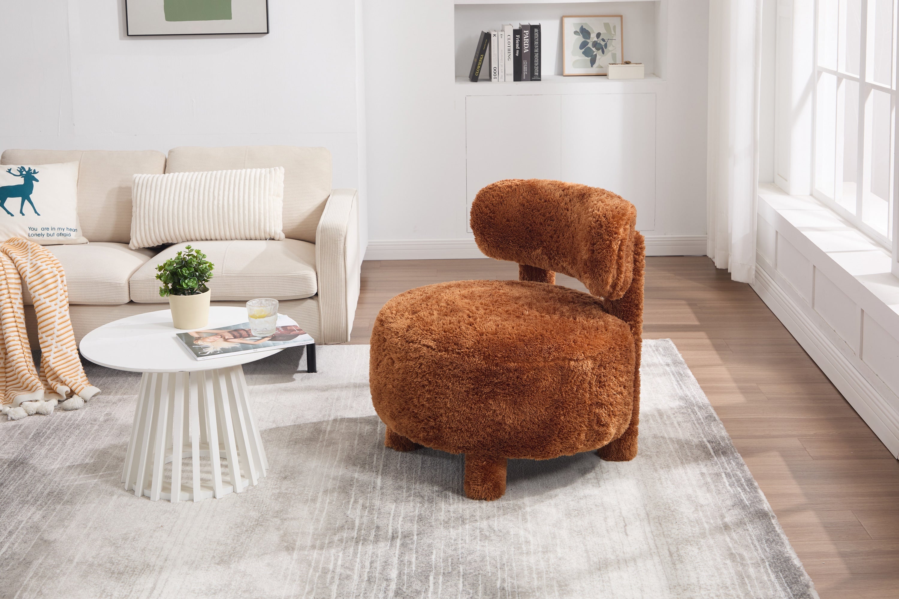 Fuzzy Armless Accent Chair with Curved Backrest and Solid Wooden Legs