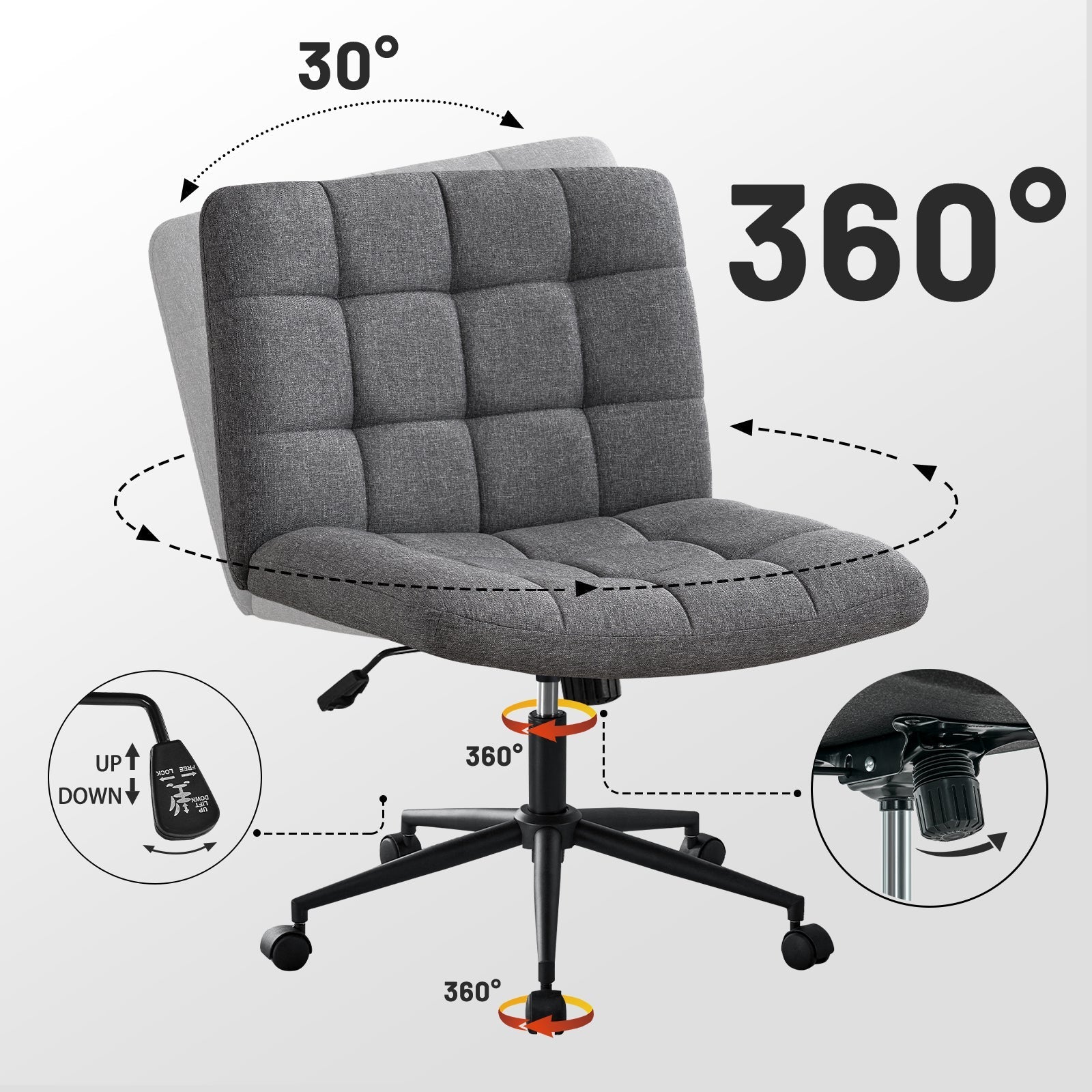 Desk Chair with Wheels, Armless Desk Chair, Adjustable Height 360° Rolling Swivel
