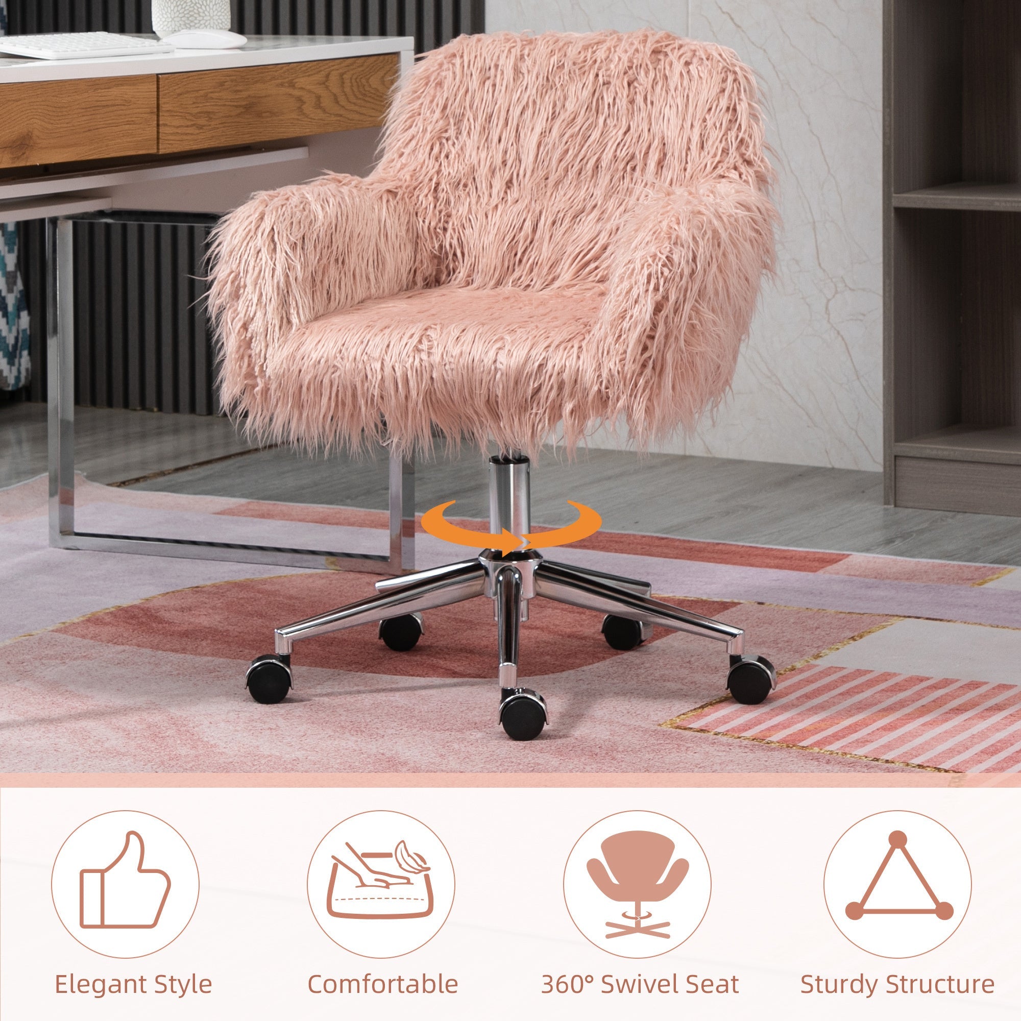 Faux Fur Desk Chair with Adjustable Height and Wheels