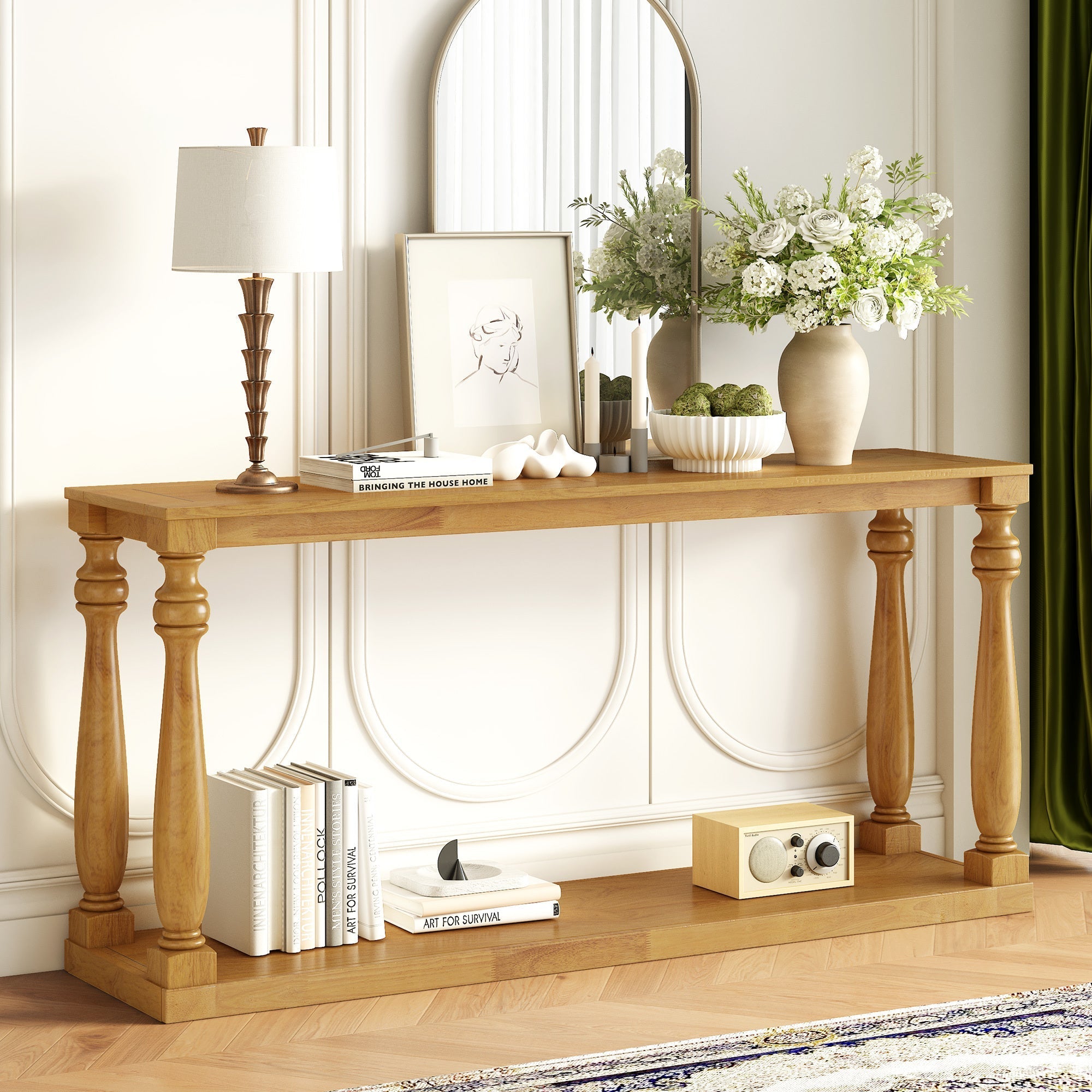 Farmhouse Turned-Leg Entryway Console Table with Bottom Shelf