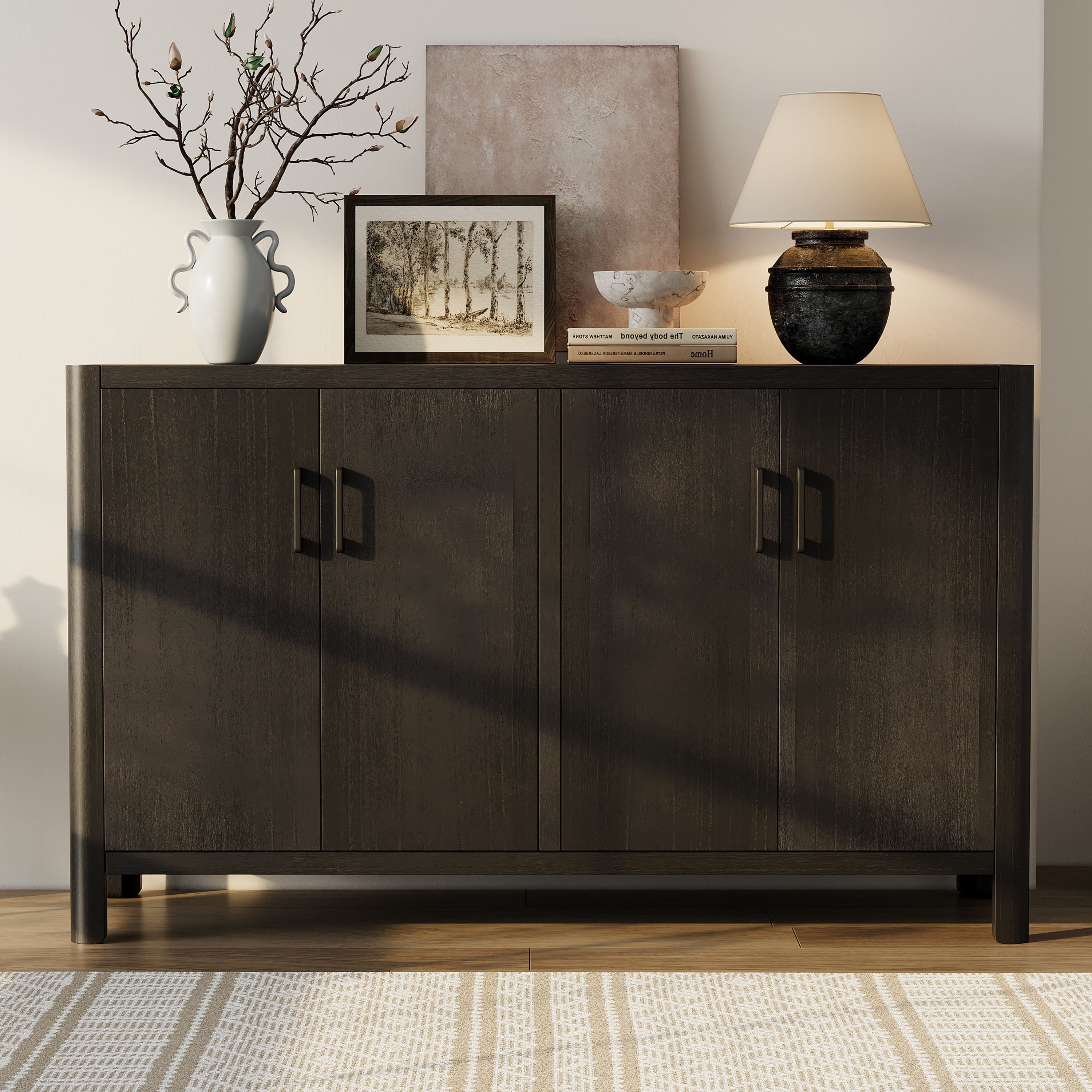 Farmhouse Style 4-Door Cabinet with Natural Distressed Finish