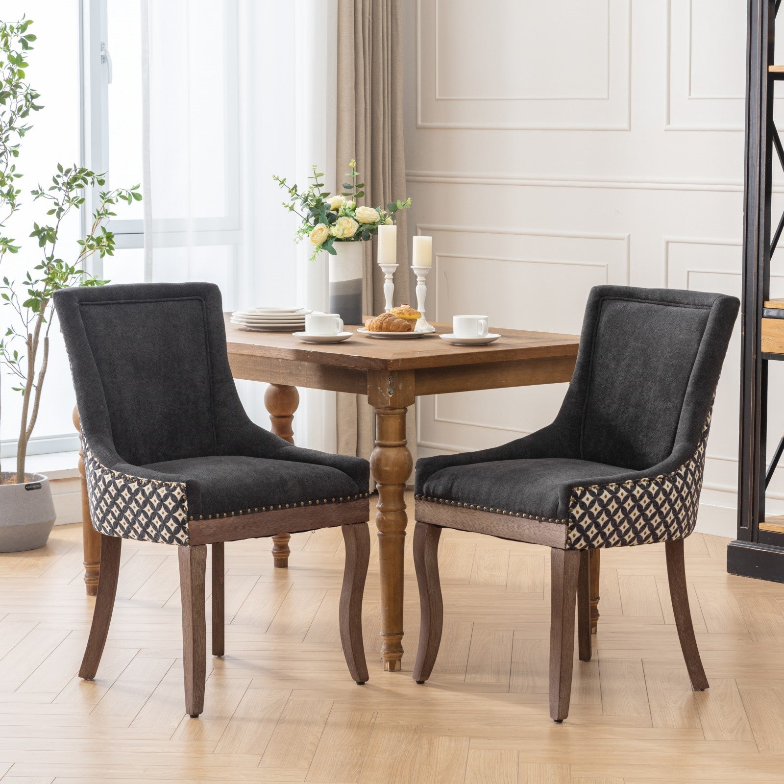 Square Patterned Back Upholstered Dining Chair with Bronze Nailhead Trim, Set of 2