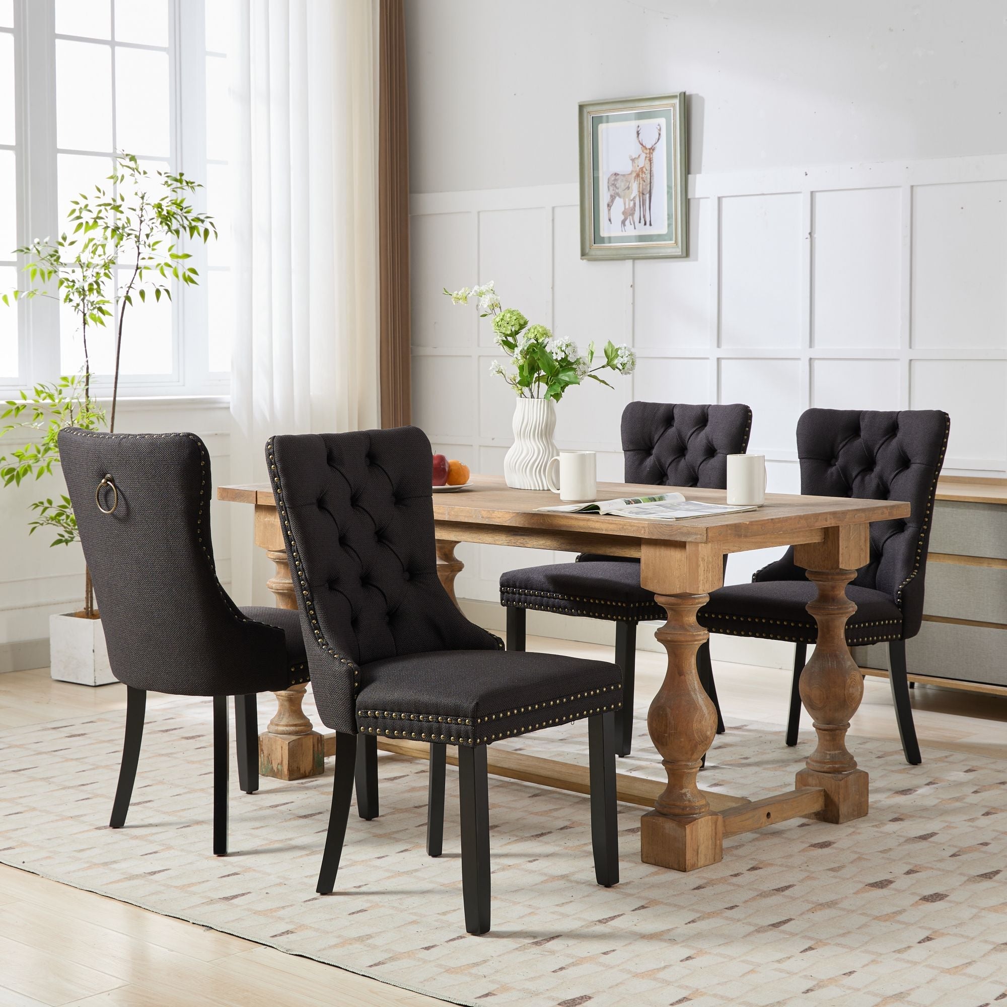 Rosewick Modern Tufted Linen Nailhead Trim Solid Wood Upholstered Dining Chair with Black Legs, Set of 2