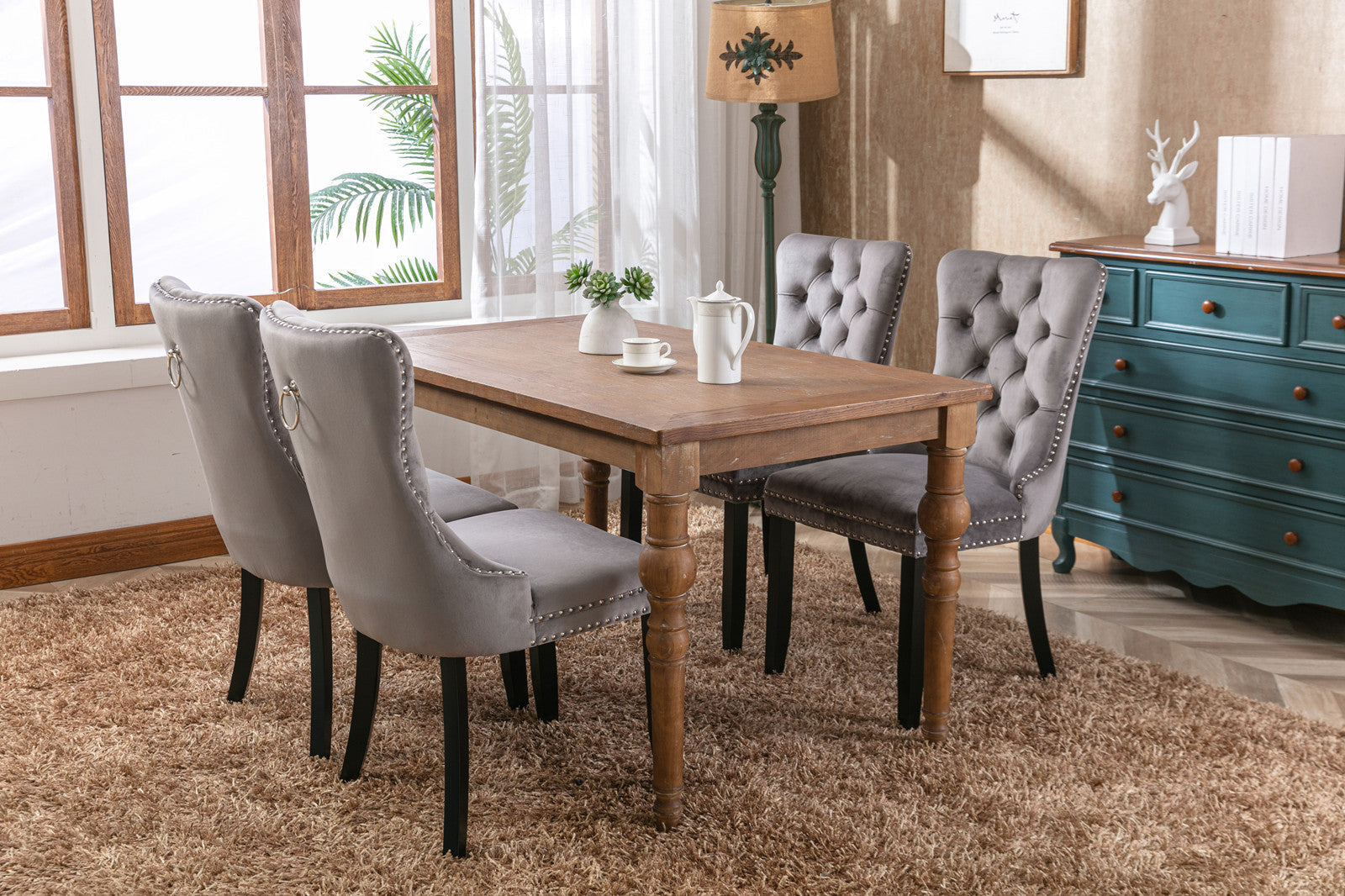 Rosewick Modern Tufted Velvet Nailhead Trim Solid Wood Upholstered Dining Chair with Wood Legs, Set of 2