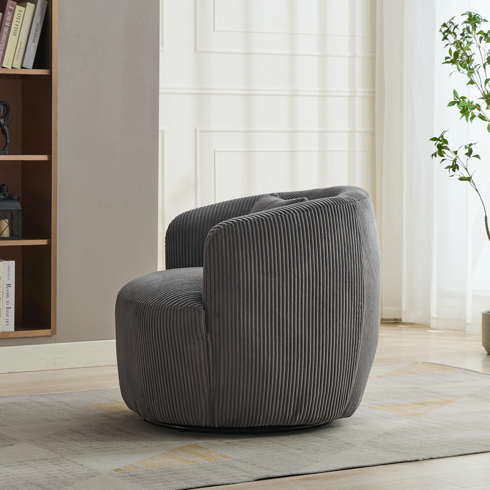 Wide Upholstered Corduroy 360° Swivel Barrel Soft Accent Chair with Pillow