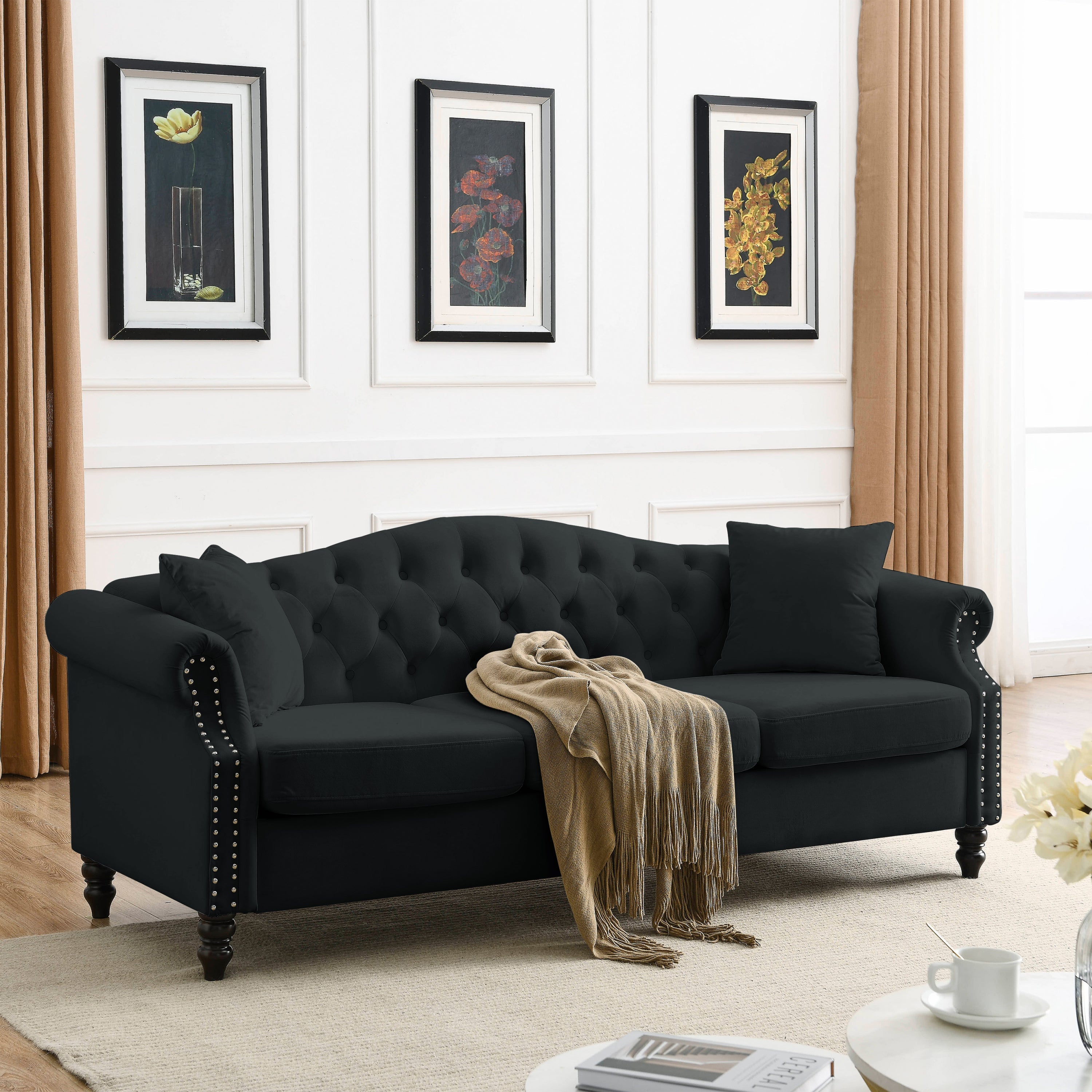 Nailhead Velvet Pitched Back Chesterfield 3-Seater Sofa