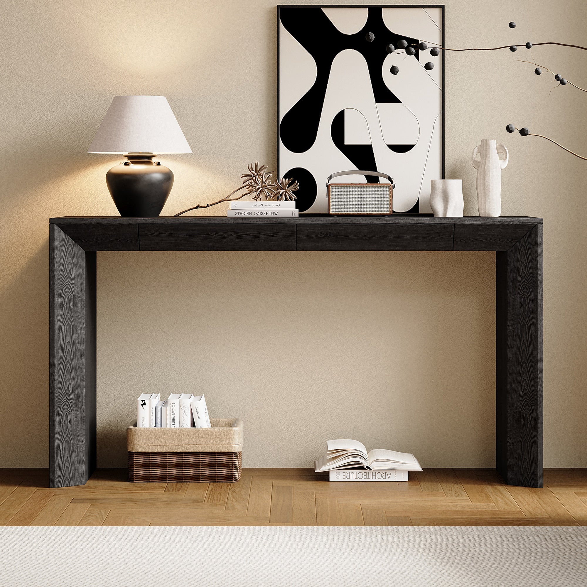 Modern Farmhouse Waterfall Console Table with 2 Concealed Drawers