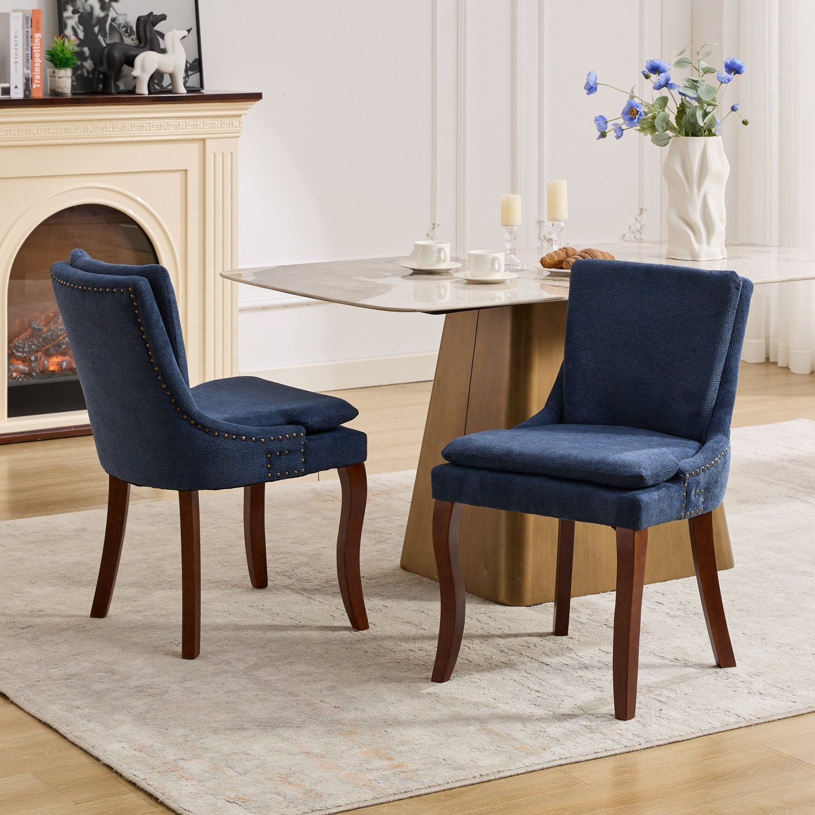 ChenilleUpholstered Dining Chairs with Curved Solid Wood Legs, Set of 2