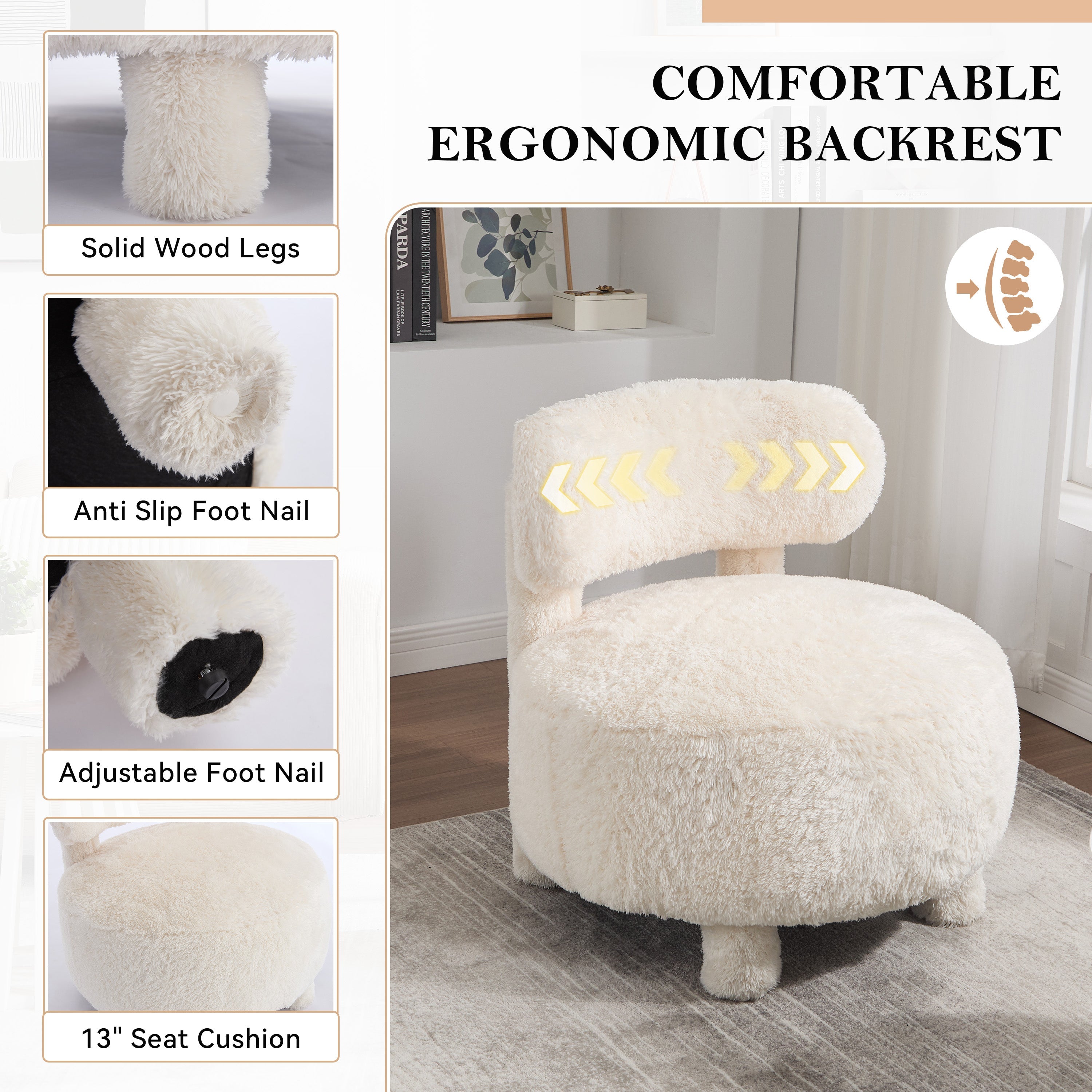 Fuzzy Armless Accent Chair with Curved Backrest and Solid Wooden Legs