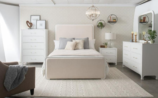 224751Q Lit à panneaux rembourré Anastasia Boucle 4 pièces, blanc perle et beige 