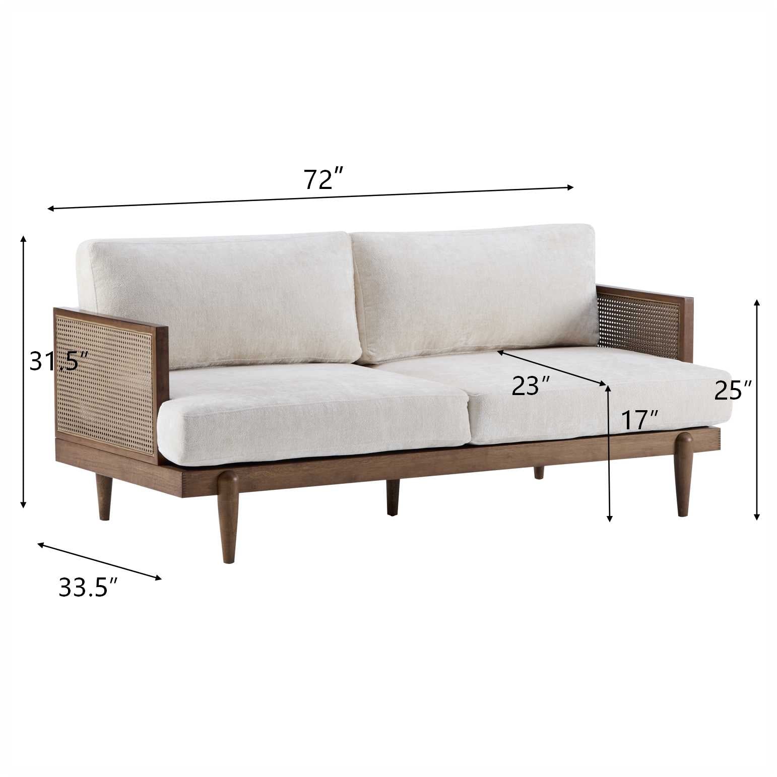 Square Arm 3-Seater Sofa with Cane Rattan and Wooden Frame