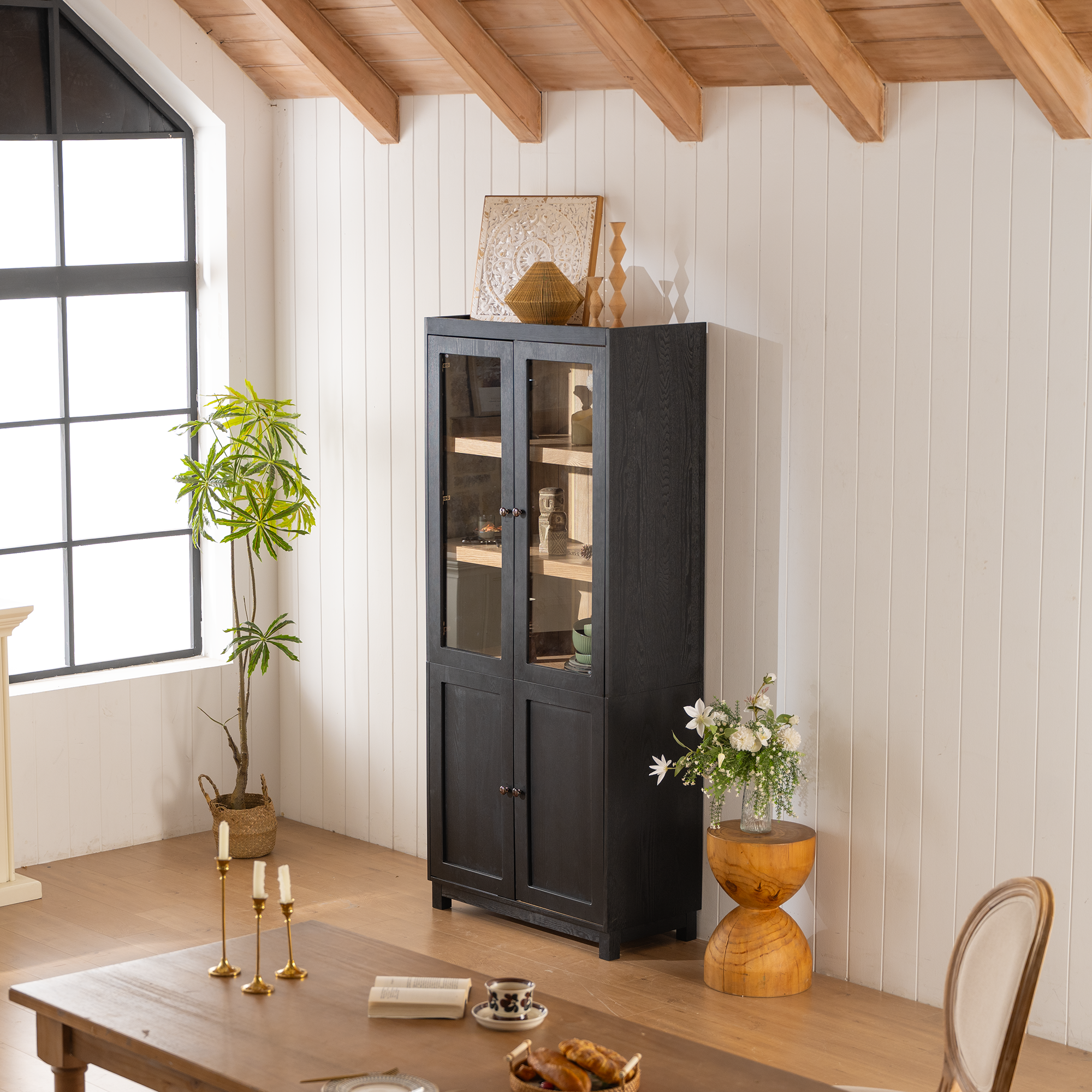 Mid-Century Modern Style Tall Display Cabinet with Glass Doors
