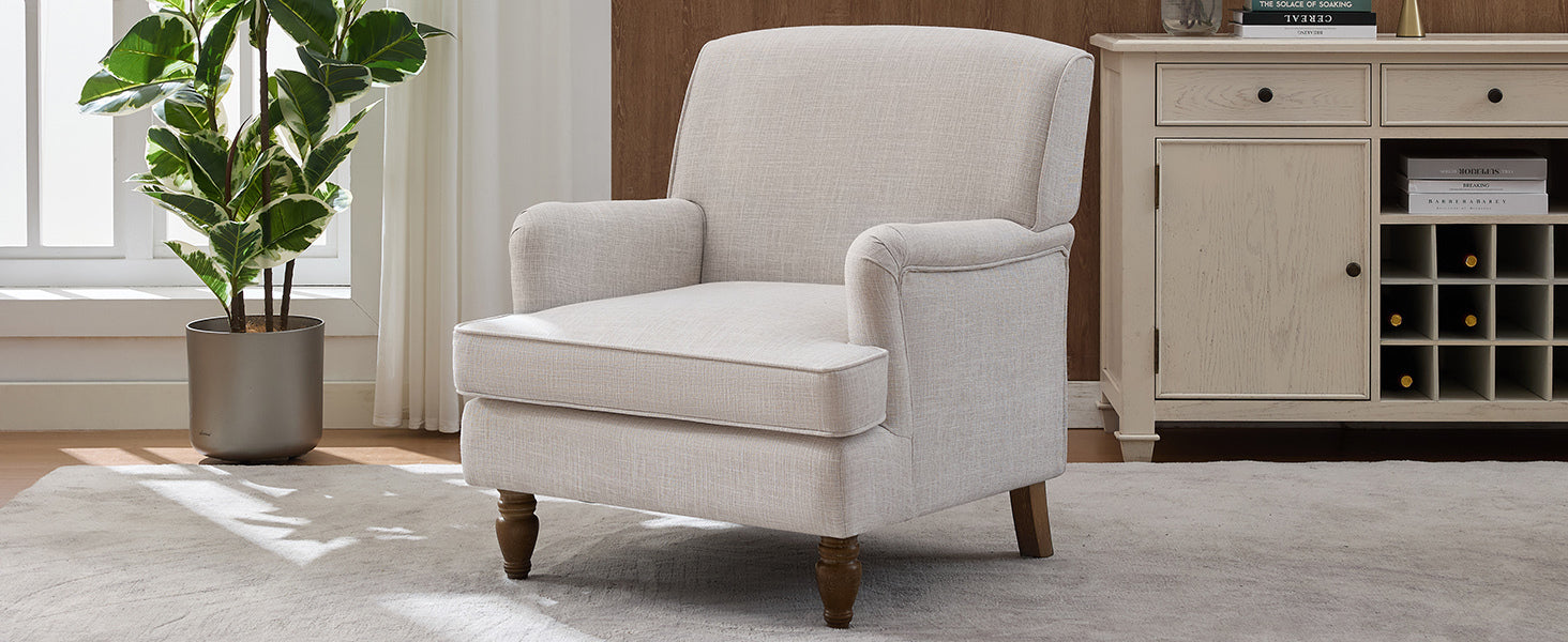 Benton Upholstered Linen Fabric Armchair with Antique Solid Wood Legs