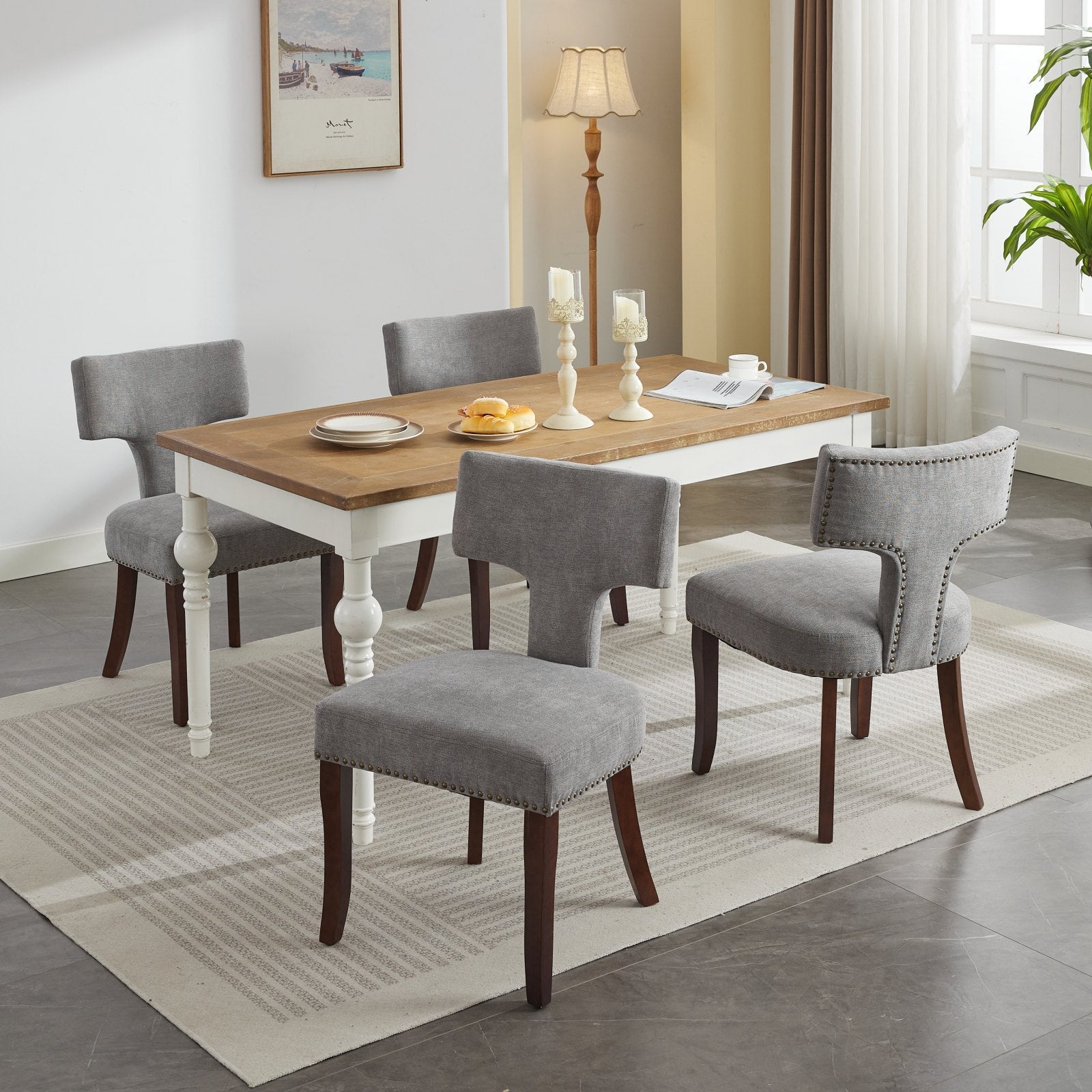 Mid Century Modern T-Back Dining Chairs with Nailhead Trim, Set of 2