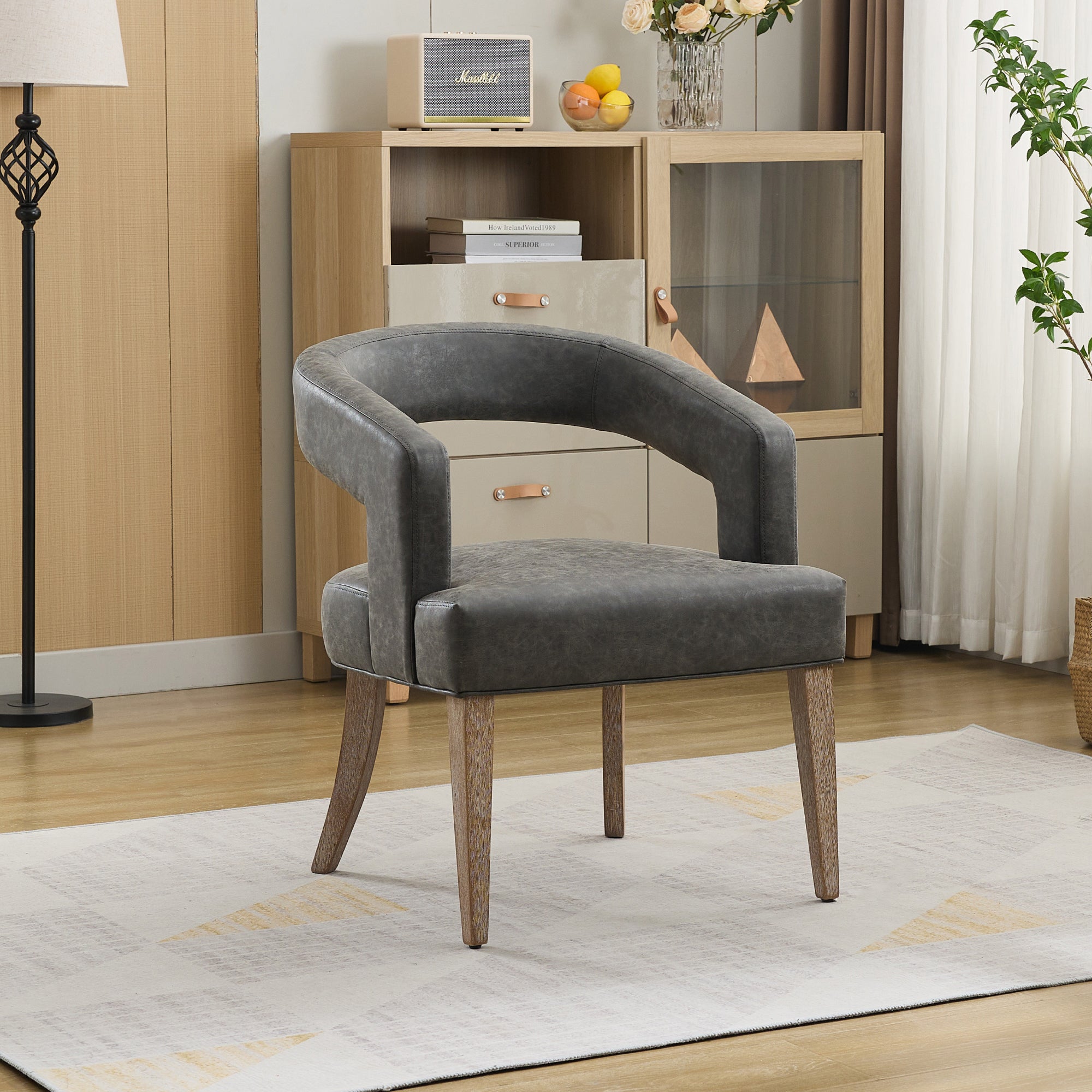 Velvet Open Back Barrel Upholstered Accent Chair with Weathered Solid Wood Legs