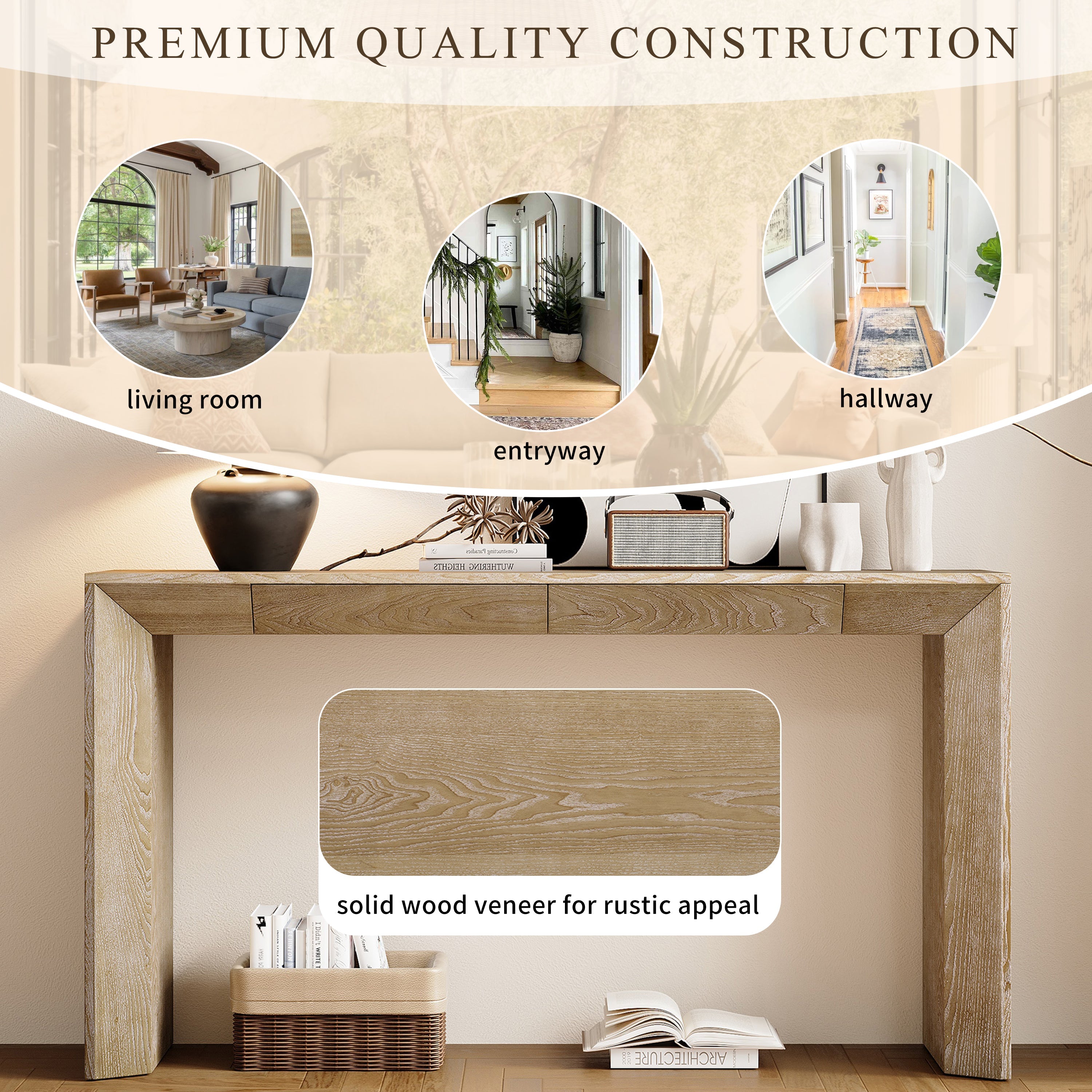 Modern Farmhouse Waterfall Console Table with 2 Concealed Drawers