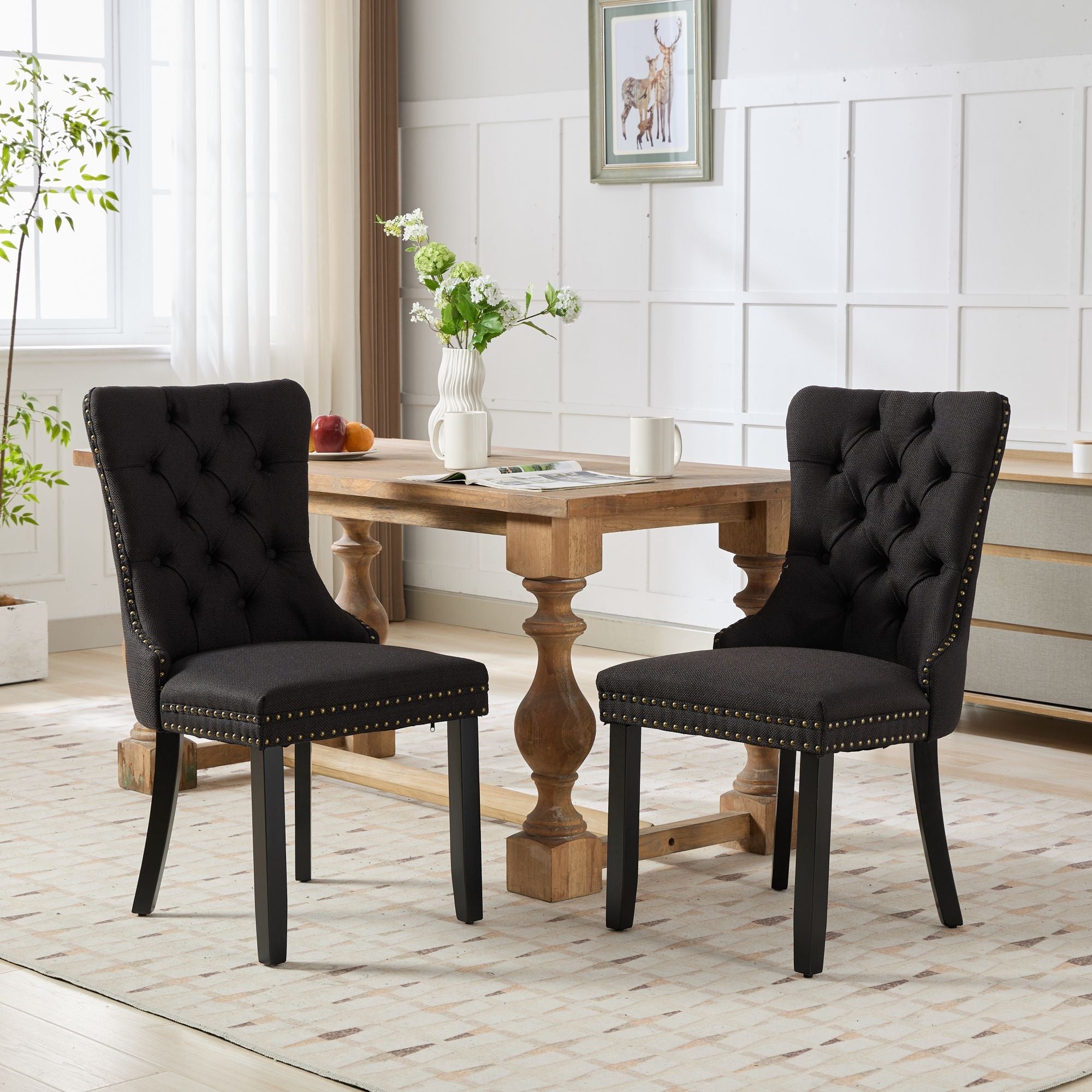 Rosewick Modern Tufted Linen Nailhead Trim Solid Wood Upholstered Dining Chair with Black Legs, Set of 2