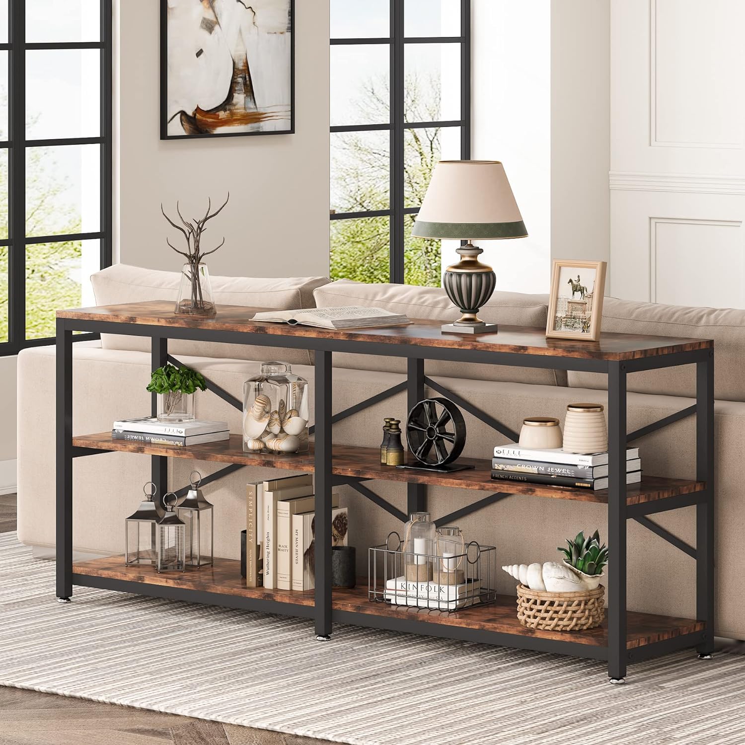 Runford Modern Entryway Table with Metal Frame & X-Back Design