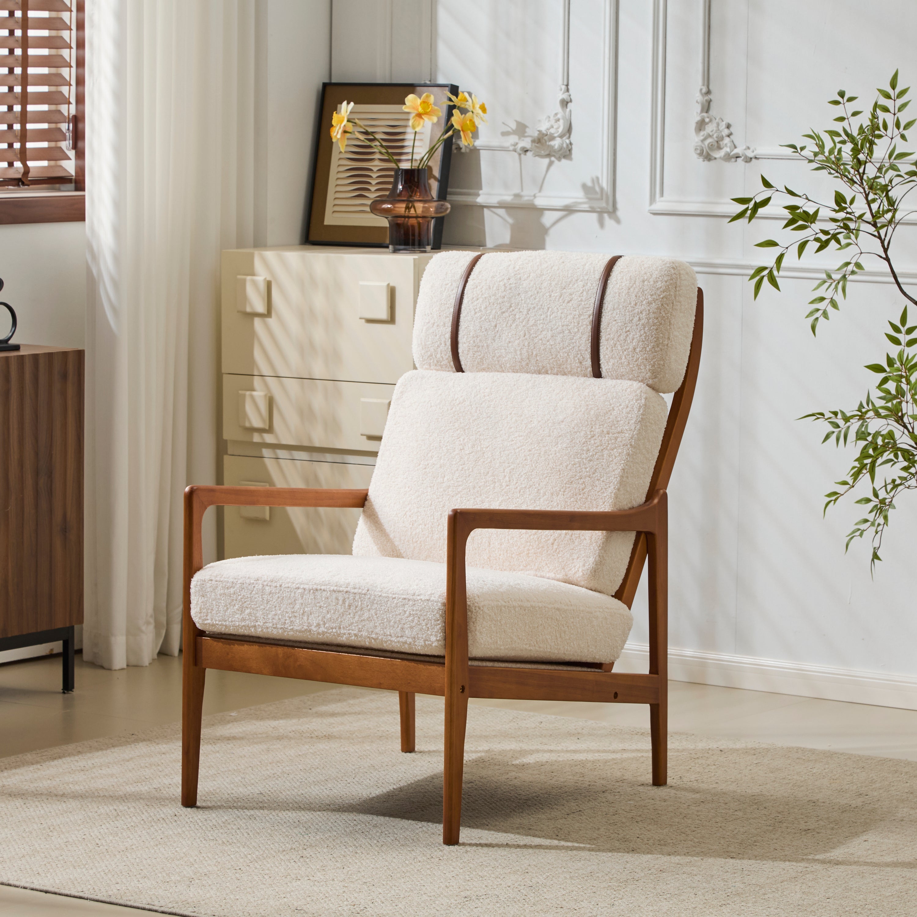 Birchmere Mid Century Modern Accent Armchair, Solid Wood Frame with High Back & Upholstered Cushions