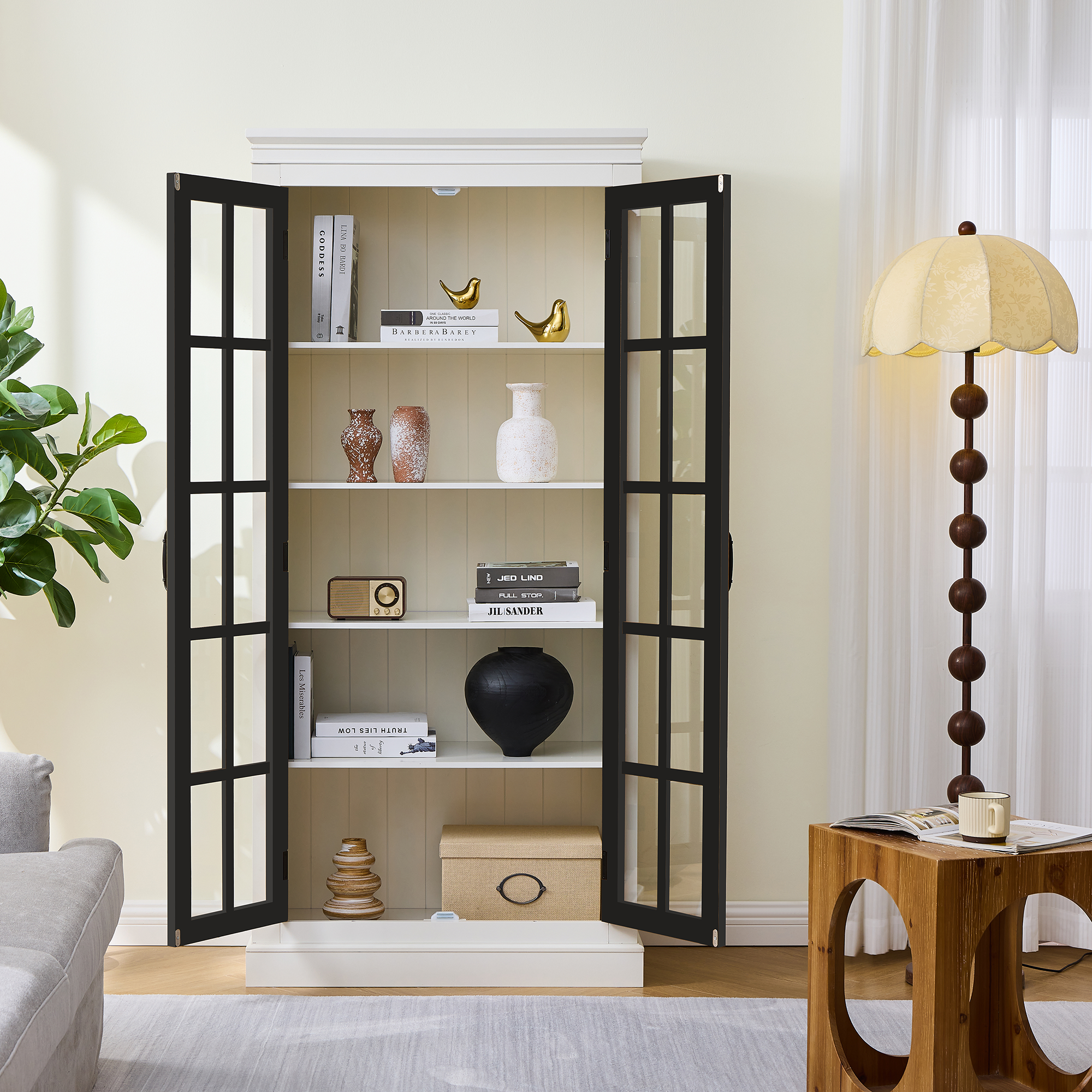 Rustic Style Display Cabinet with Glass Doors