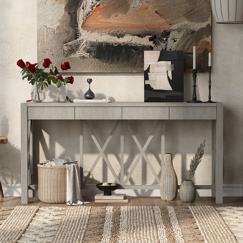 Modern Crisscross Design Entryway Table with Open Bottom Storage
