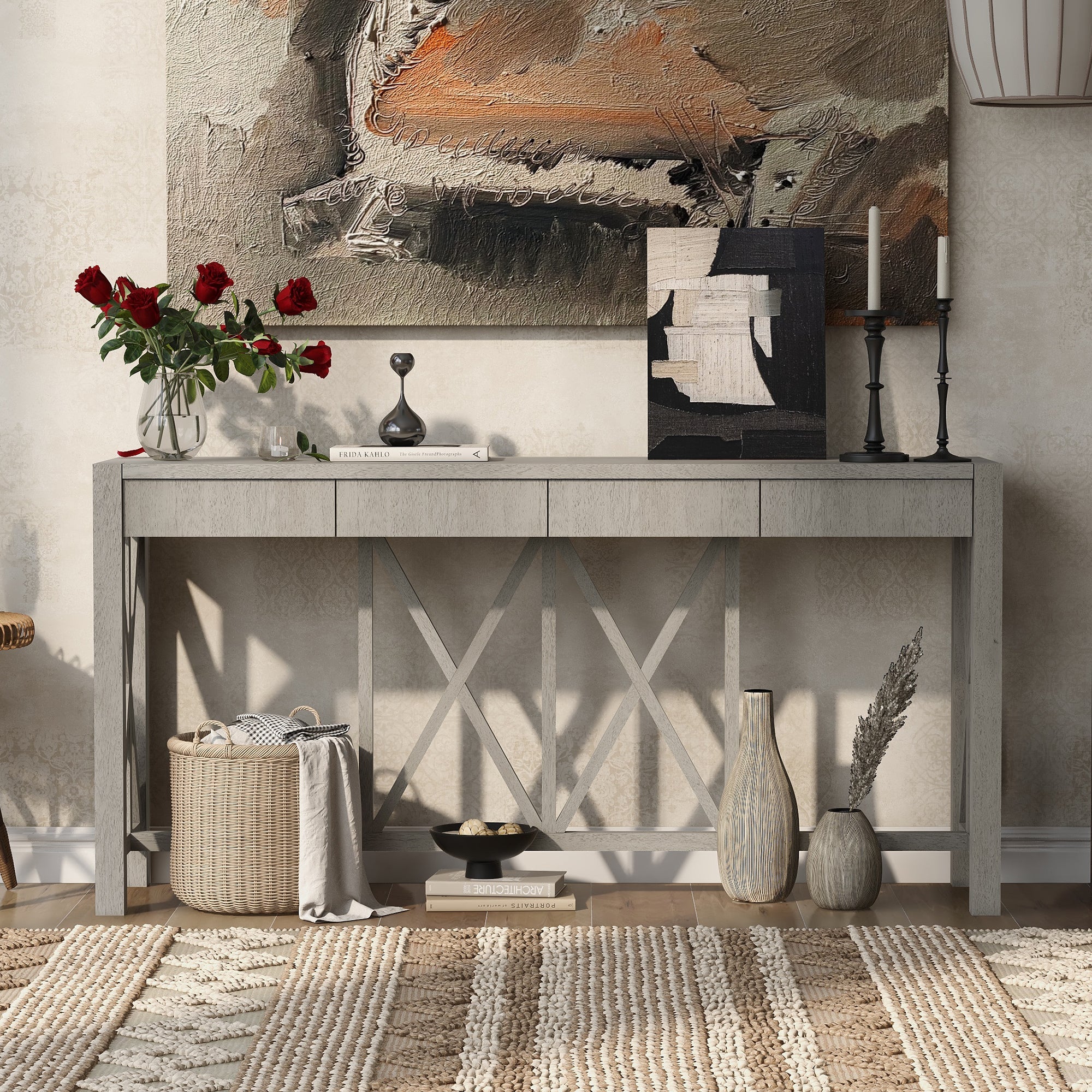 Modern Crisscross Design Entryway Table with Open Bottom Storage