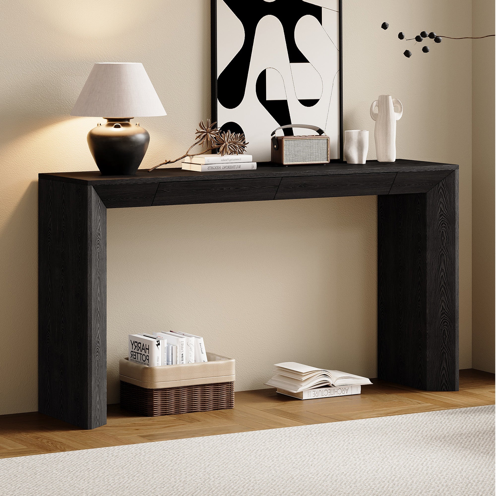 Modern Farmhouse Waterfall Console Table with 2 Concealed Drawers