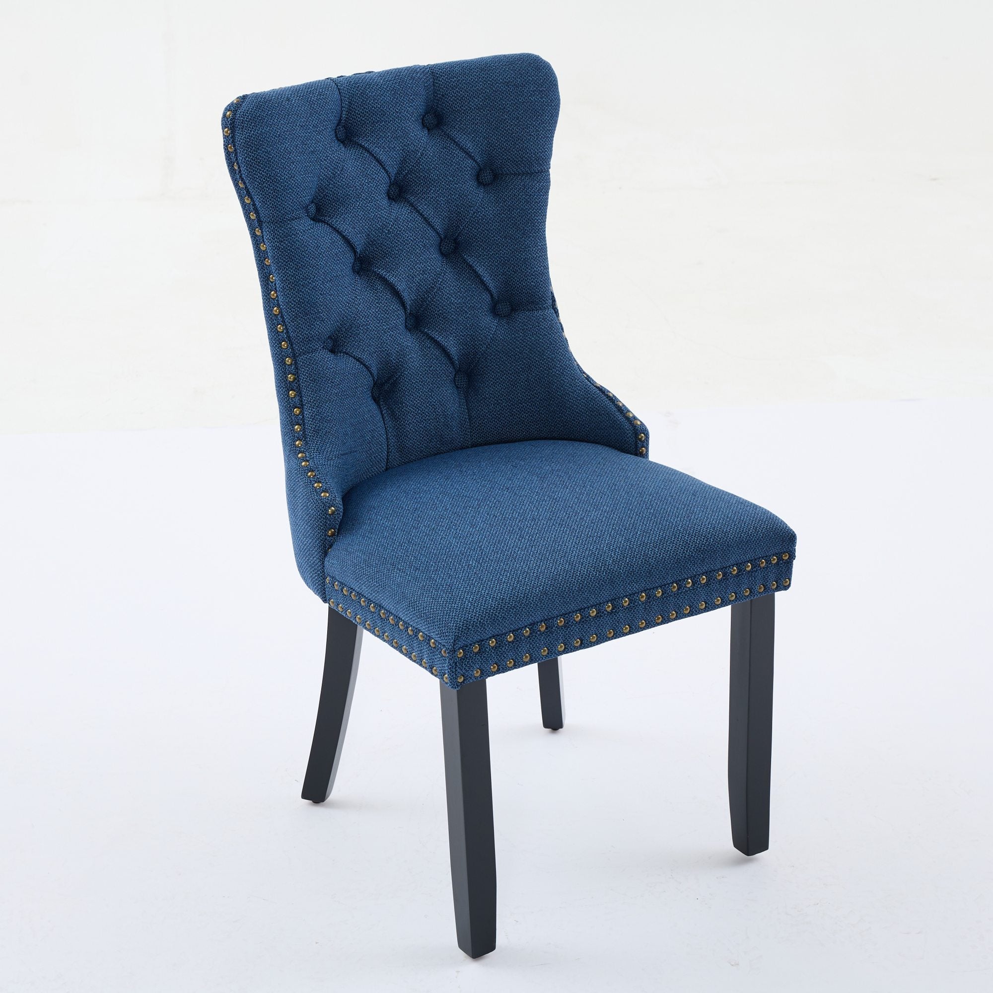 Rosewick Modern Tufted Linen Nailhead Trim Solid Wood Upholstered Dining Chair with Black Legs, Set of 2