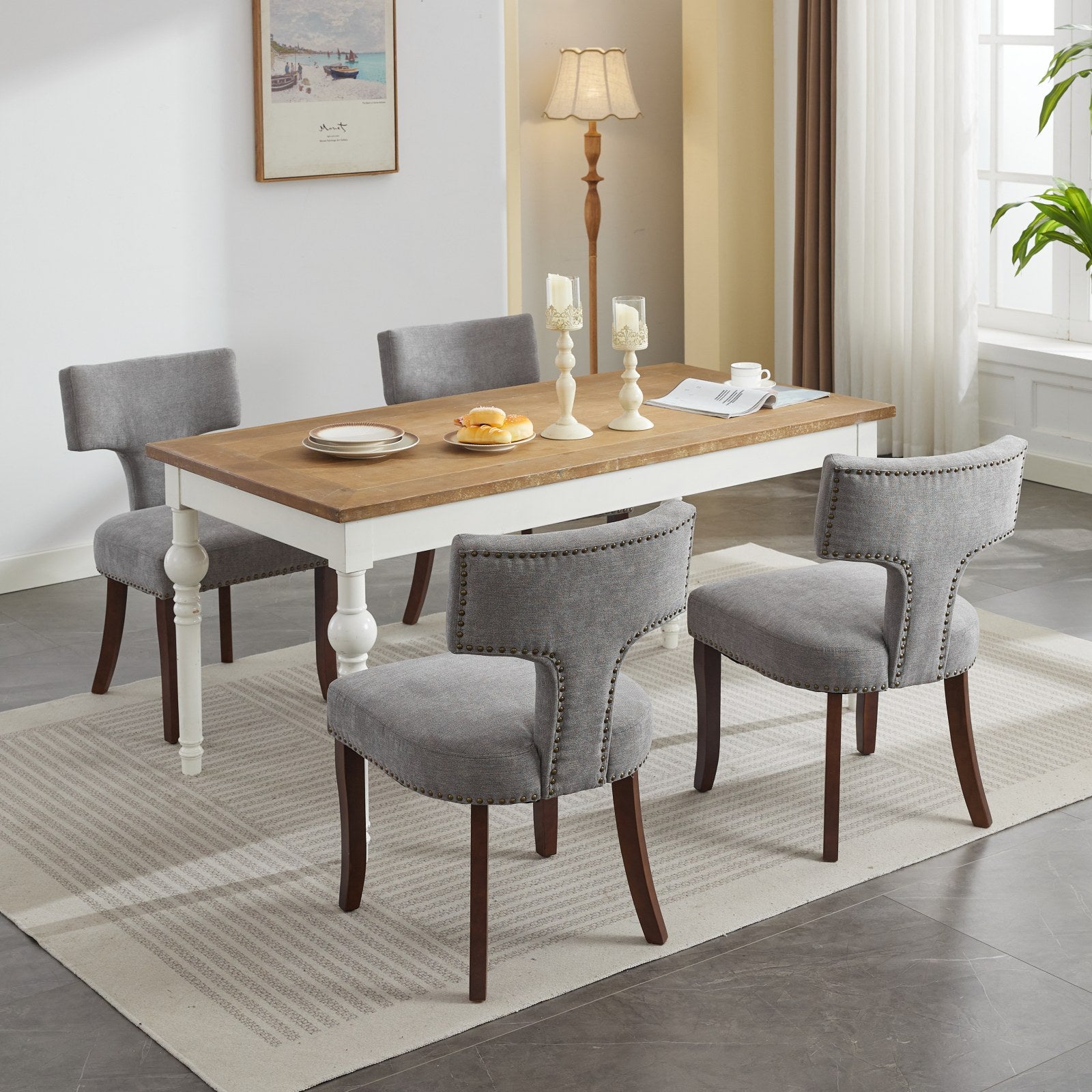 Mid Century Modern T-Back Dining Chairs with Nailhead Trim, Set of 2