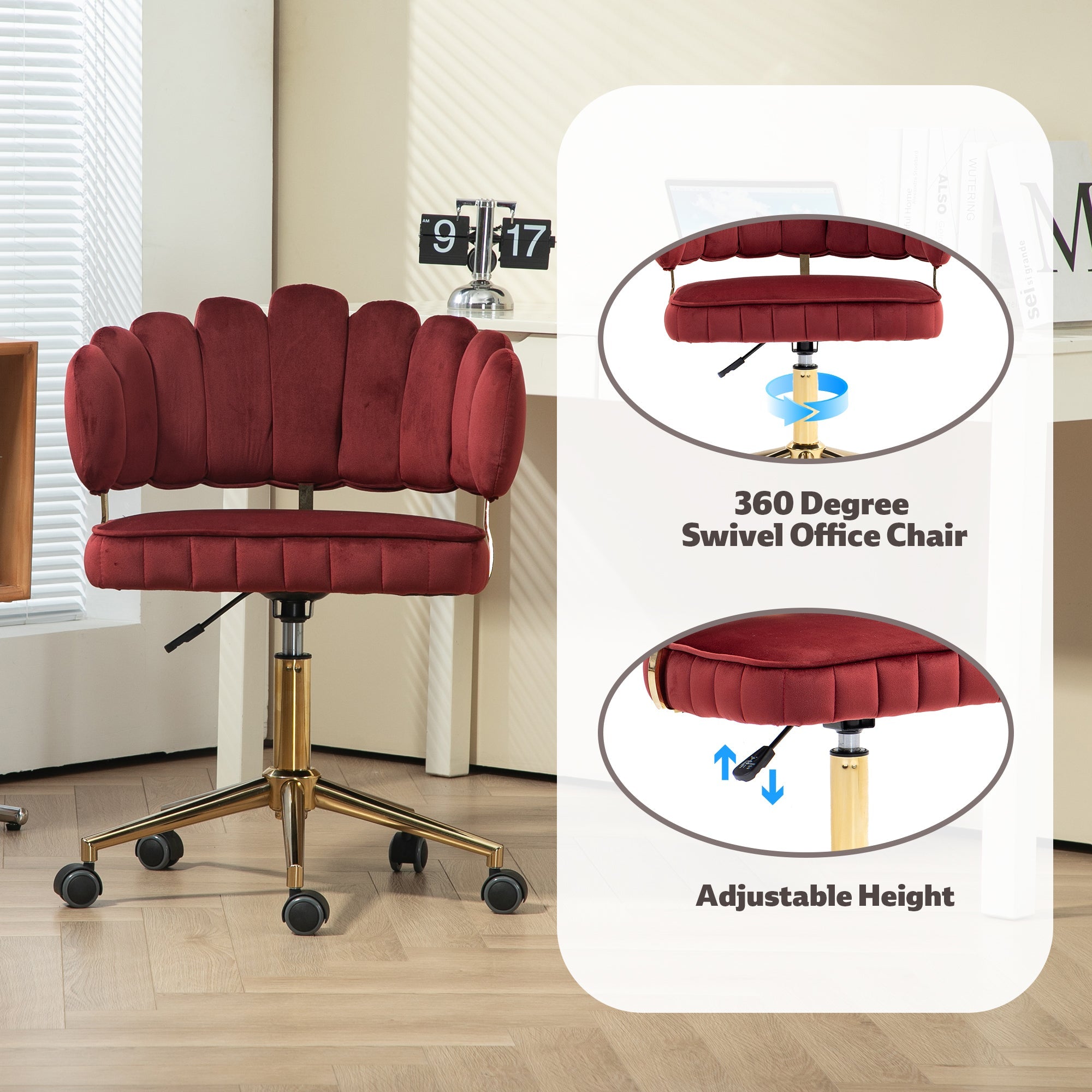 Modern Velvet Home Office Desk Chair with Adjustable Height and Swivel Wheels