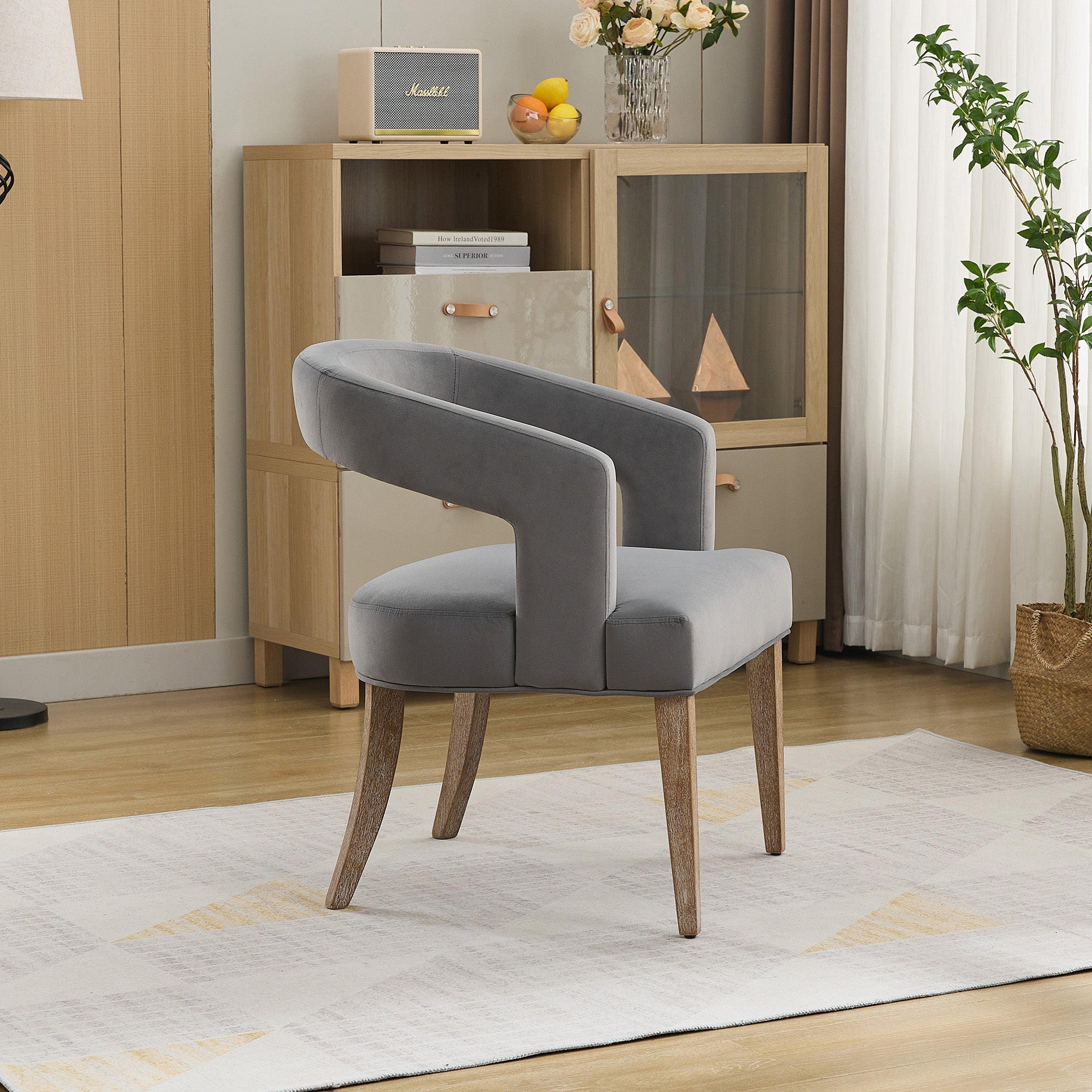 Velvet Open Back Barrel Upholstered Accent Chair with Weathered Solid Wood Legs
