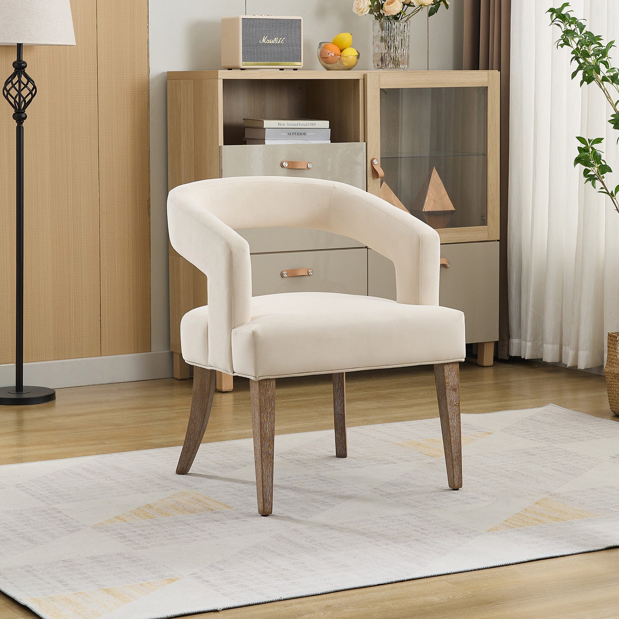 Velvet Open Back Barrel Upholstered Accent Chair with Weathered Solid Wood Legs