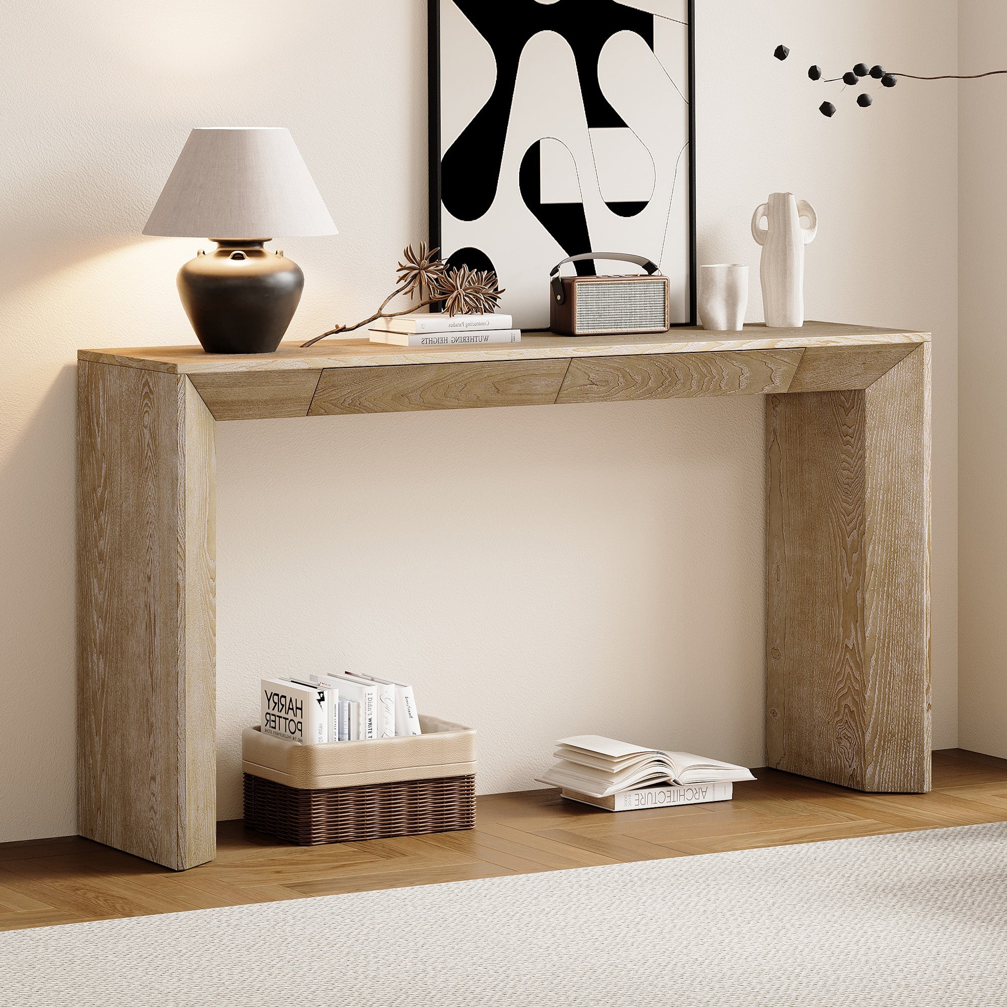 Modern Farmhouse Waterfall Console Table with 2 Concealed Drawers