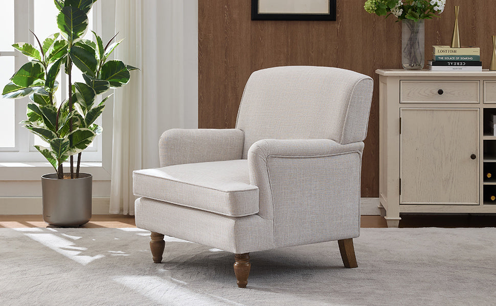 Benton Upholstered Linen Fabric Armchair with Antique Solid Wood Legs